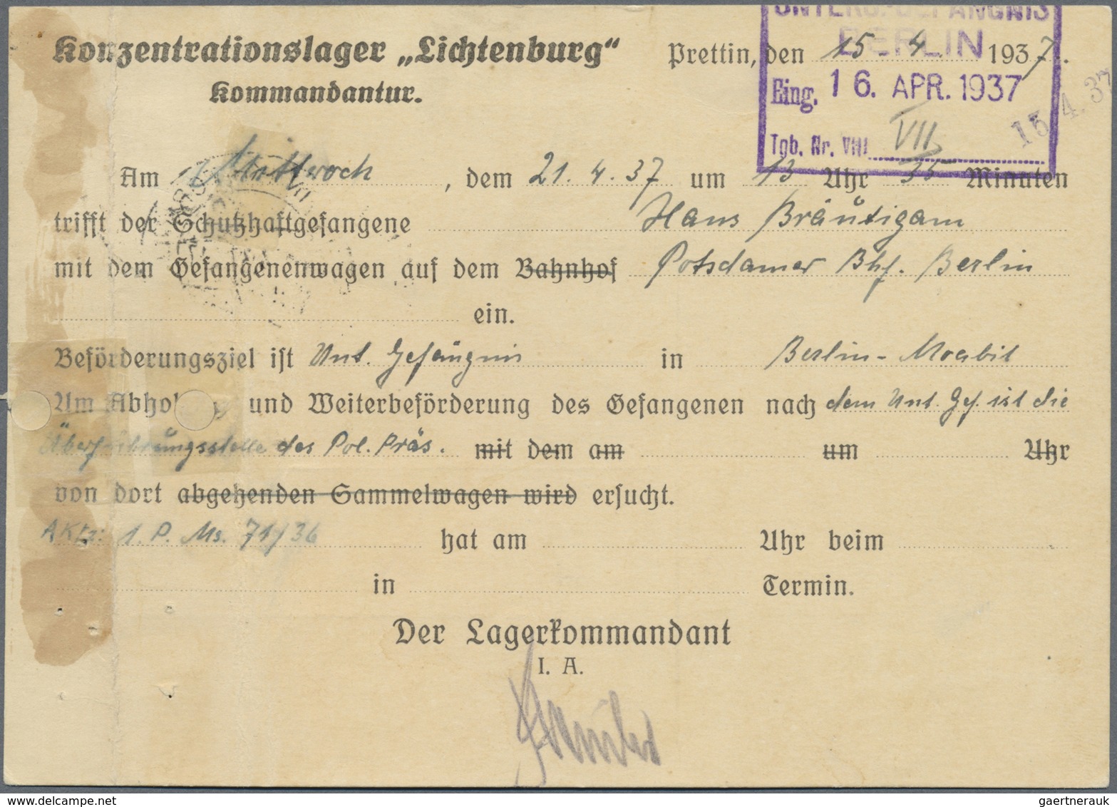 Br KZ-Post: 1937 KZ Lichtenburg: Vordruckkarte Der KZ-Kommandantur Mit Dienstmarke 6 Pf. Gest. "PRETTIN - Lettres & Documents