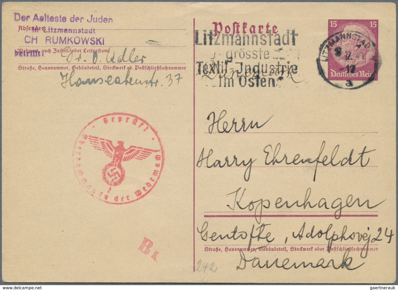 GA KZ-Post: 1941 Ghetto Litzmannstadt Deutsche Antwort-Ganzsachen-Karte 15 Rpf. Mit Absenderstempel "De - Briefe U. Dokumente