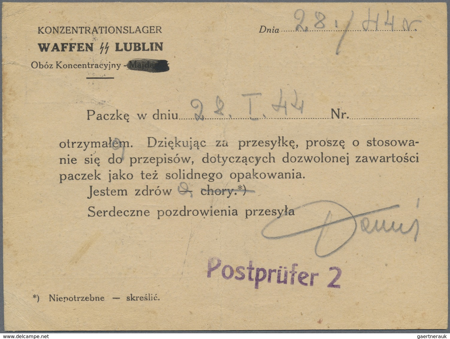 Br KZ-Post: 1944, KZ Lublin Majdanek: Sehr Seltene Vordruckkarte: Konzentrationslager Waffen-SS-Lublin - Lettres & Documents