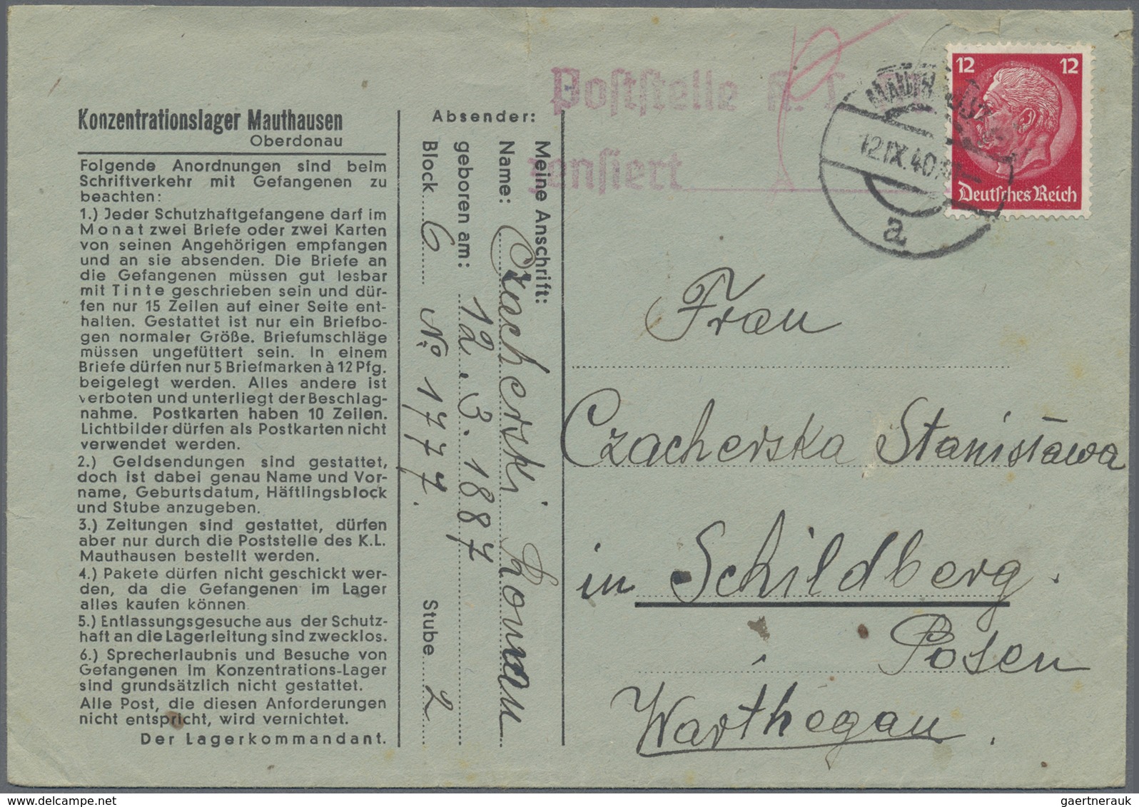 Br KZ-Post: Mauthausen: 1940, Vordruckbrief Mit Sechs Anordnungen Gebraucht Mit 12 Pfg. Hindenburg Aus - Storia Postale