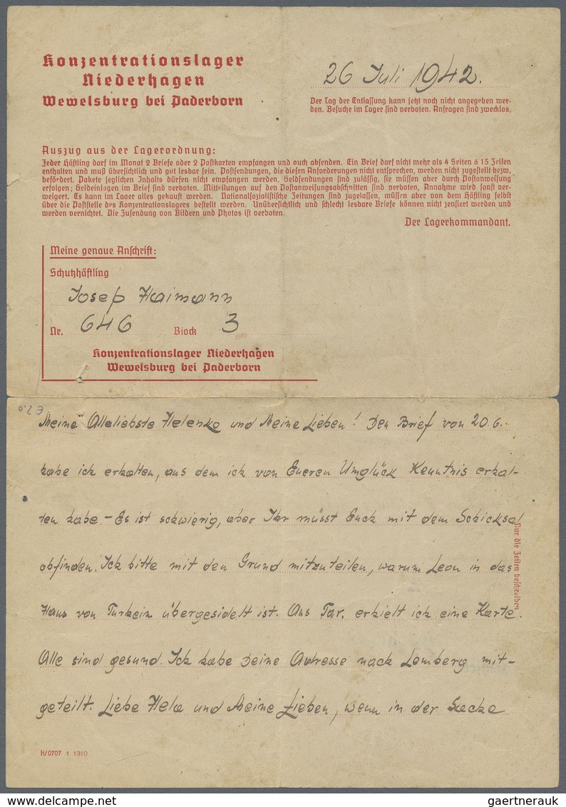 Br KZ-Post: 1942, KONZENTRATIONSLAGER NIEDERHAGEN, Wewelsburg: Vordruck-Doppelbriefbogen (Bug) Geschrie - Briefe U. Dokumente