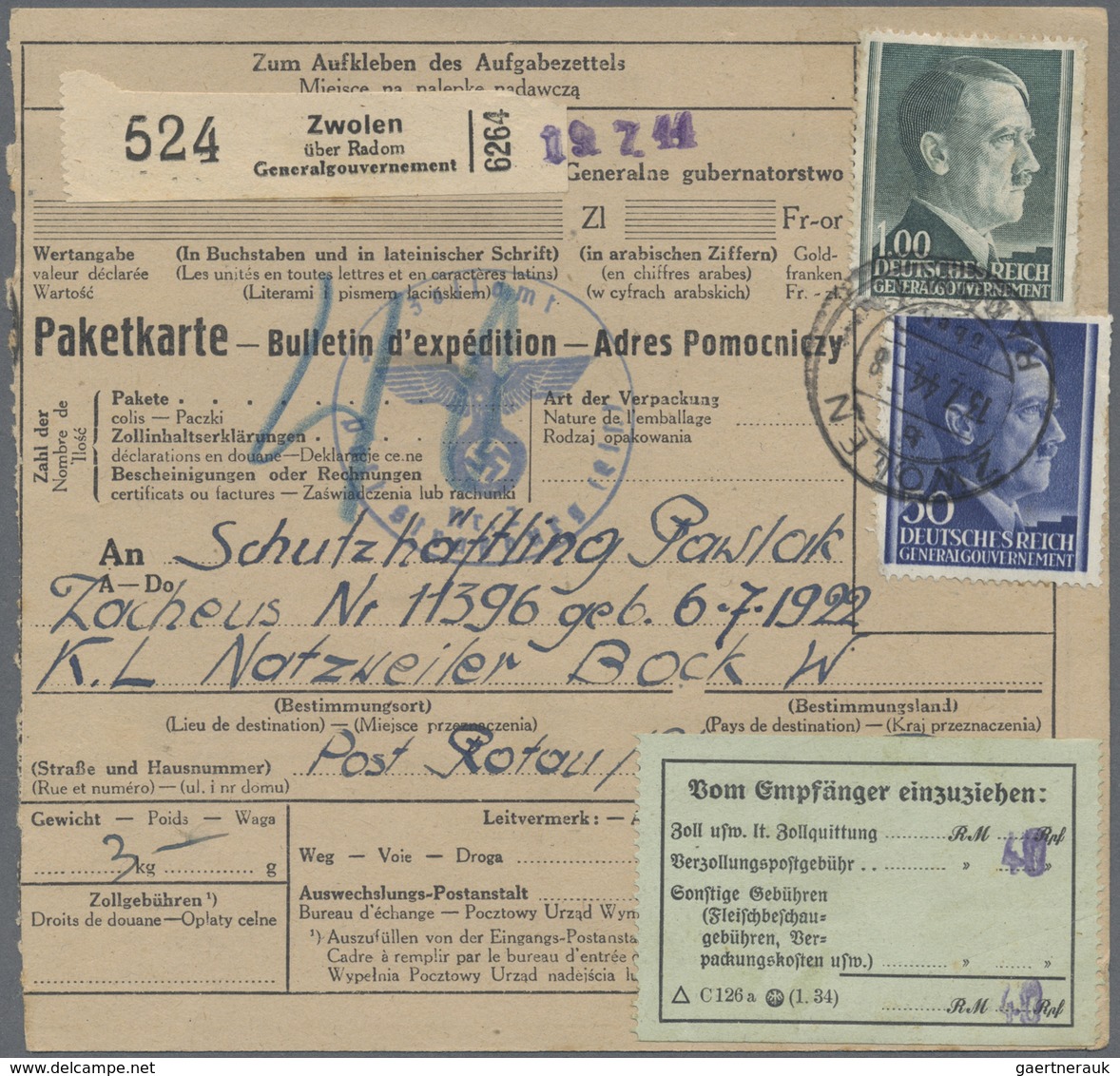 Br KZ-Post: Natzweiler: 1944, Frankierte Paketkarte Aus "ZWOLEN über RADOM 13.7.44" An Einem Schutzhäft - Lettres & Documents