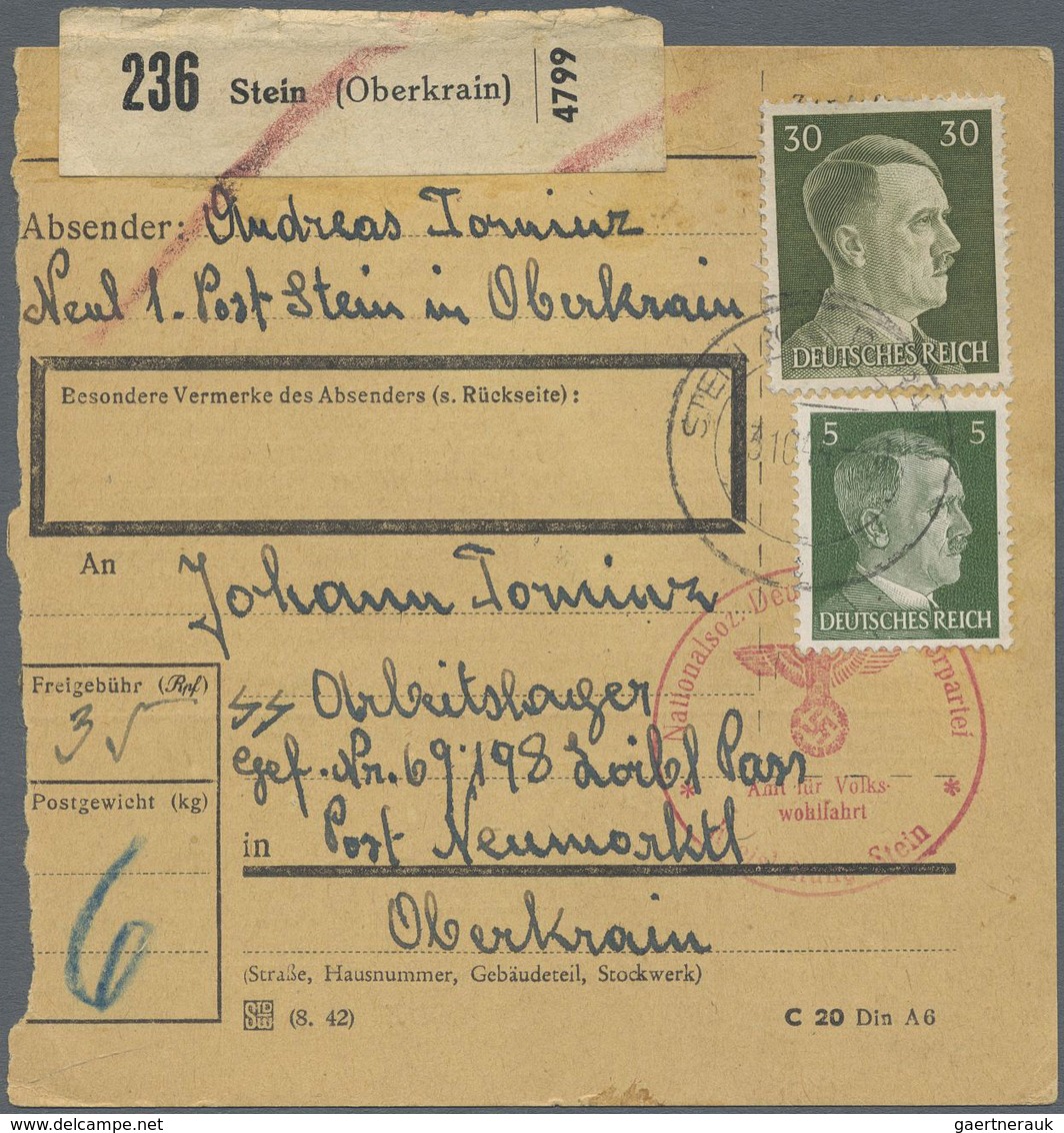 Br KZ-Post: 1944, Zwei Frank. Paketkarken Aus Oberkrain /Stein (mit NSDAP-Dienstsiegel) Neumarktl) Für - Lettres & Documents