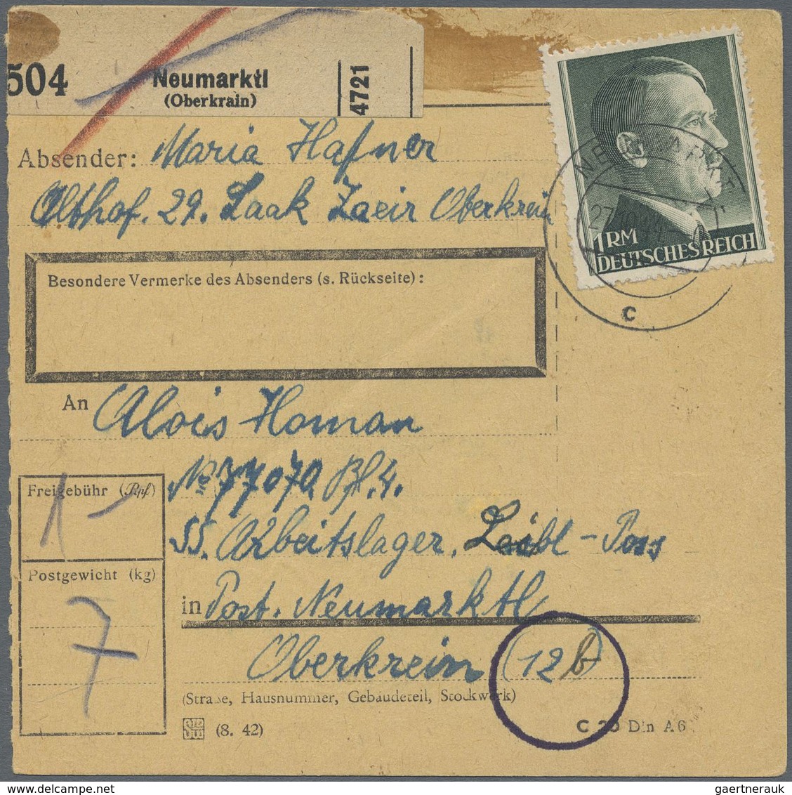 Br KZ-Post: 1944, Zwei Frank. Paketkarken Aus Oberkrain /Stein (mit NSDAP-Dienstsiegel) Neumarktl) Für - Lettres & Documents