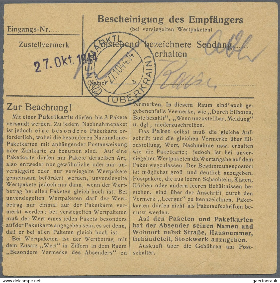 Br KZ-Post: 1944, Zwei Frank. Paketkarken Aus Oberkrain /Stein (mit NSDAP-Dienstsiegel) Neumarktl) Für - Storia Postale