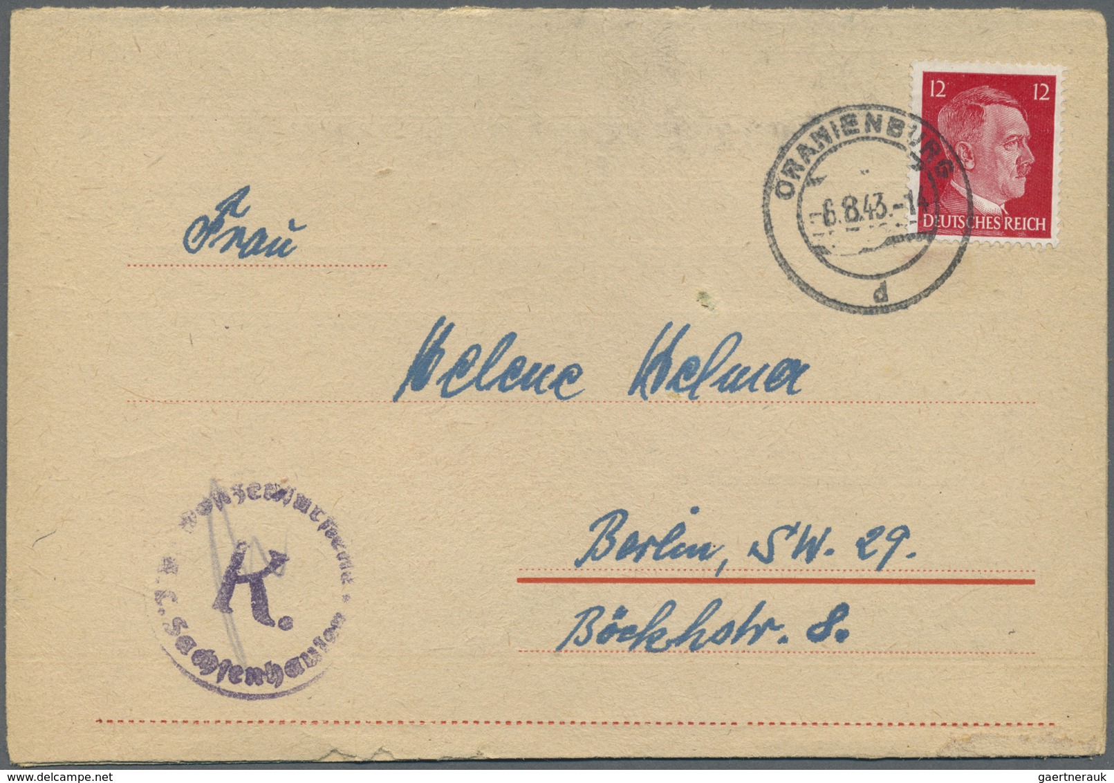 Br KZ-Post: Oranienburg, Nebenlager Lieberose (Lübben) Bestehend 12.1.43 Bis 2.2.45: 1943(6.8.) Vordruc - Storia Postale