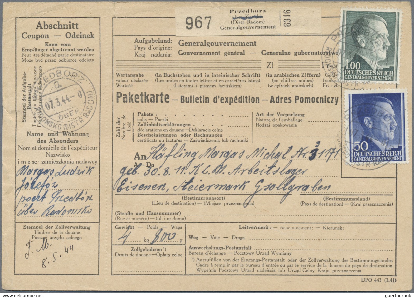 Br KZ-Post: 1944, Zwei Frankierte Paketkarten Aus Przedborz (Distr. Radom)/Gen.Gouv.7./10.3) Für Pakets - Briefe U. Dokumente
