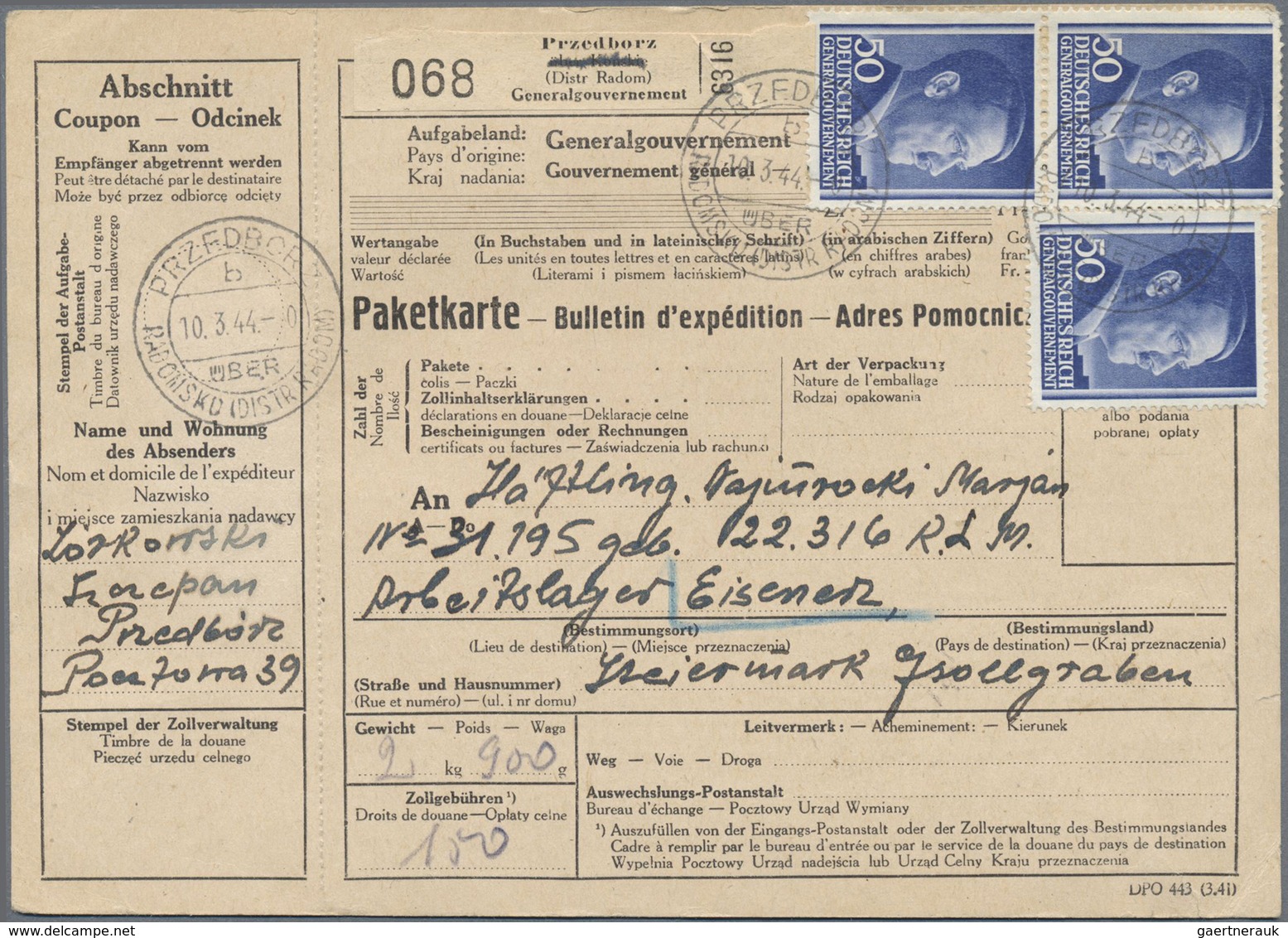 Br KZ-Post: 1944, Zwei Frankierte Paketkarten Aus Przedborz (Distr. Radom)/Gen.Gouv.7./10.3) Für Pakets - Briefe U. Dokumente