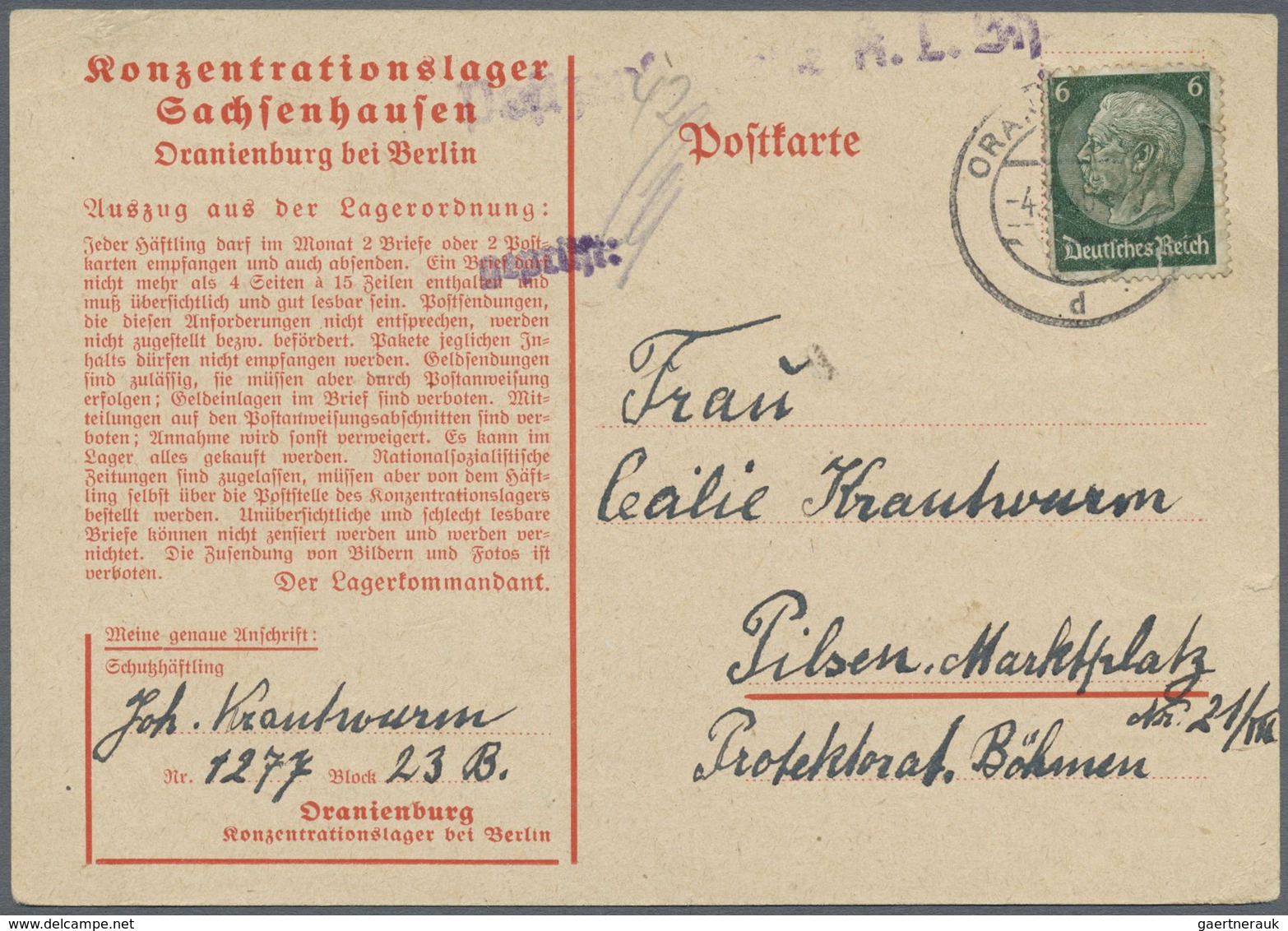 Br KZ-Post: Sachsenhausen: 1940, Vordruckkarte Mit Fehlerhafter 6 Pfg. Hindenburg Aus ORANIENBURG 4.5.4 - Storia Postale