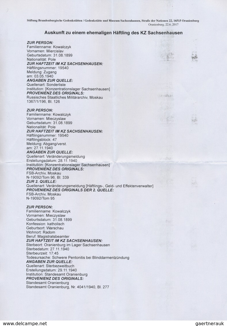 Br KZ-Post: 1940 KZ Sachsenhausen: Sehr Interessante Vordruckfaltbrief Von Einem Sohn An Seine Mutter, - Lettres & Documents