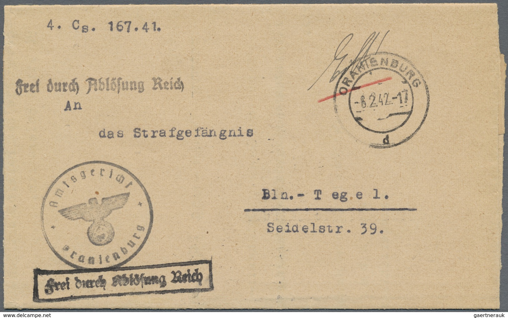 Br KZ-Post: Sachsenhausen 1942 (6.2.) Dienstbrief "Frei Durch Ablösung" Vom Amtsgericht Oranienburg An - Lettres & Documents