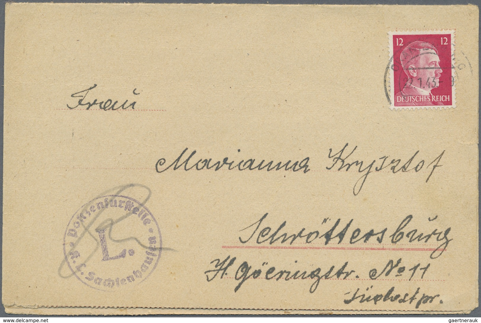 Br KZ-Post: 1943 KZ Sachsenhausen: Vordruckkarte Gelaufen Von "ORANIENBURG 22.1.43" Nach Schröttersburg - Lettres & Documents