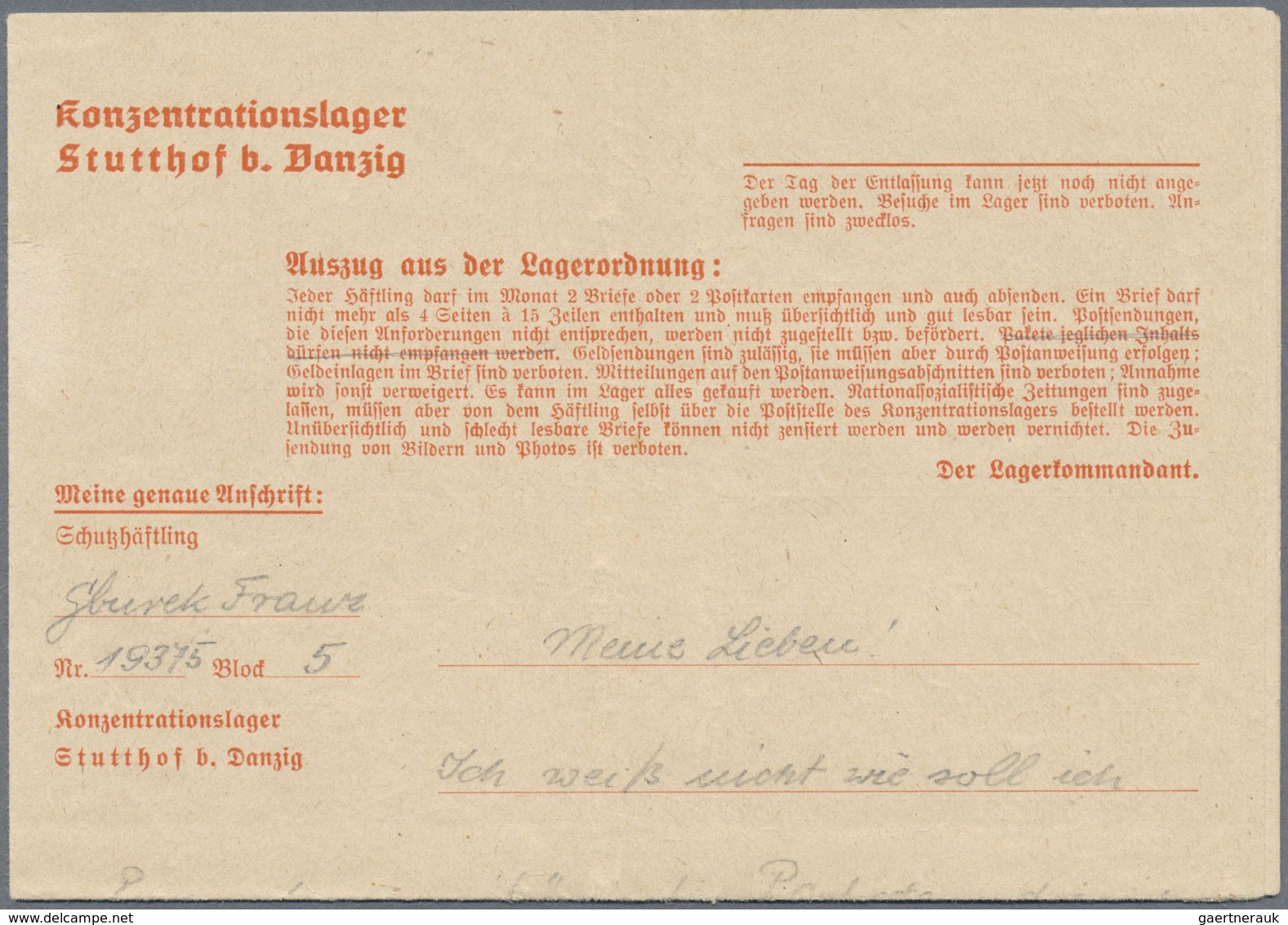 Br KZ-Post: 1943, Doppelseitiger Briefbogen Mit Vordruck "Konzentrationslager Stutthof B. Danzig Komple - Briefe U. Dokumente