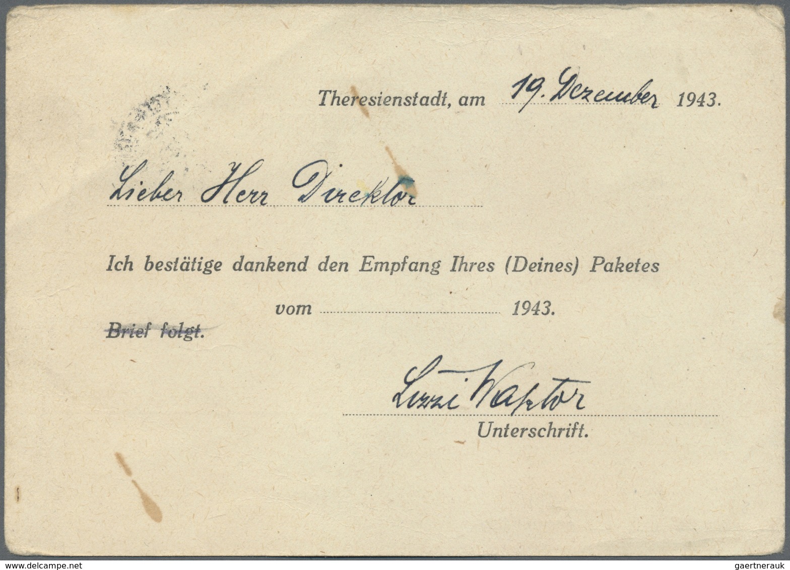 Br KZ-Post: Theresienstadt 1943 (19.10. Und 20.12.): Vordruckpostkarte Für Bestätigung Eine Empfangenen - Lettres & Documents