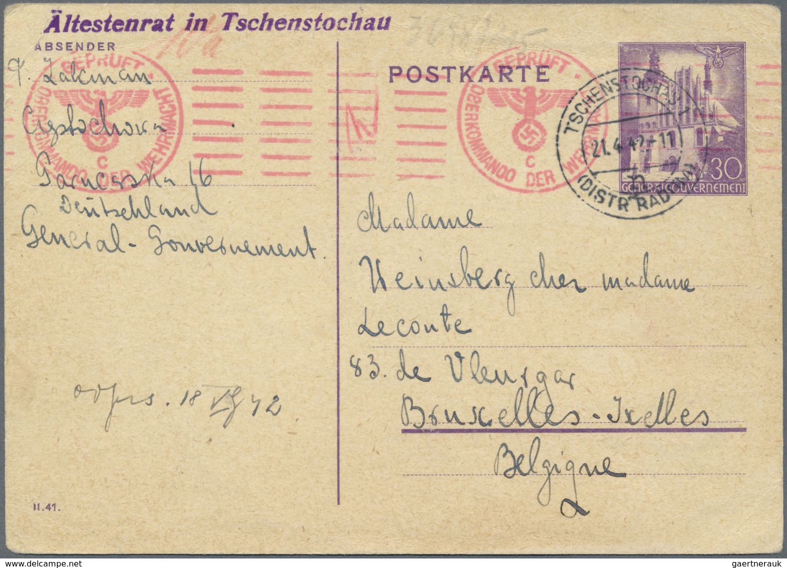 GA KZ-Post: 1942, Generalgouverment Ghetto Tschenstochau 30 Gr. GA-Karte Eines Juden An Eine Jüdische F - Lettres & Documents