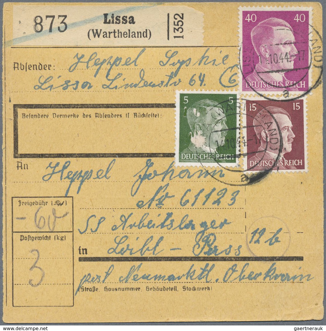 Br KZ-Post: 1944, Drei Frankierte Paketkarten Aus Dem Wartheland (Gnesen, Lissa, Krotoschin) Für Pakets - Lettres & Documents