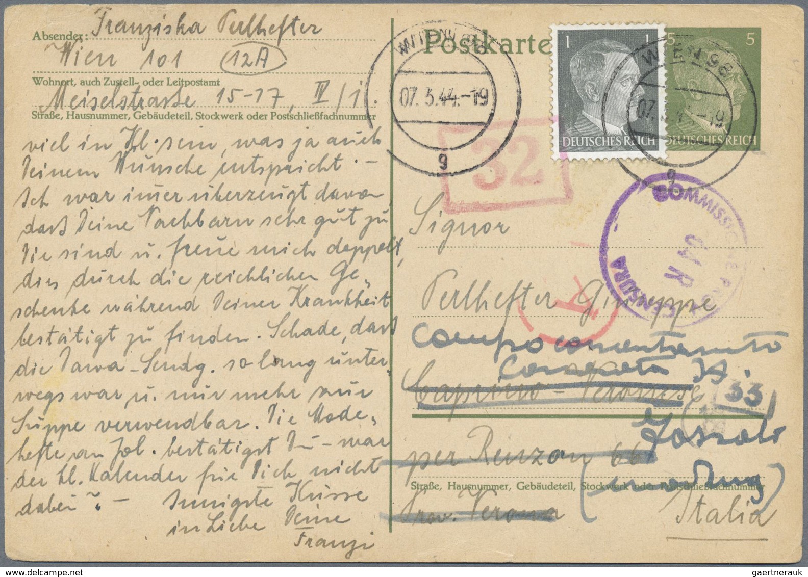 GA KZ-Post: 1944, Zwei GA-Karten (6 Pfg. Bzw. 5 Pfg. Mit 1 Pfg. Zusatzfrankatur Aus Wien (29.2./7.3.) M - Lettres & Documents