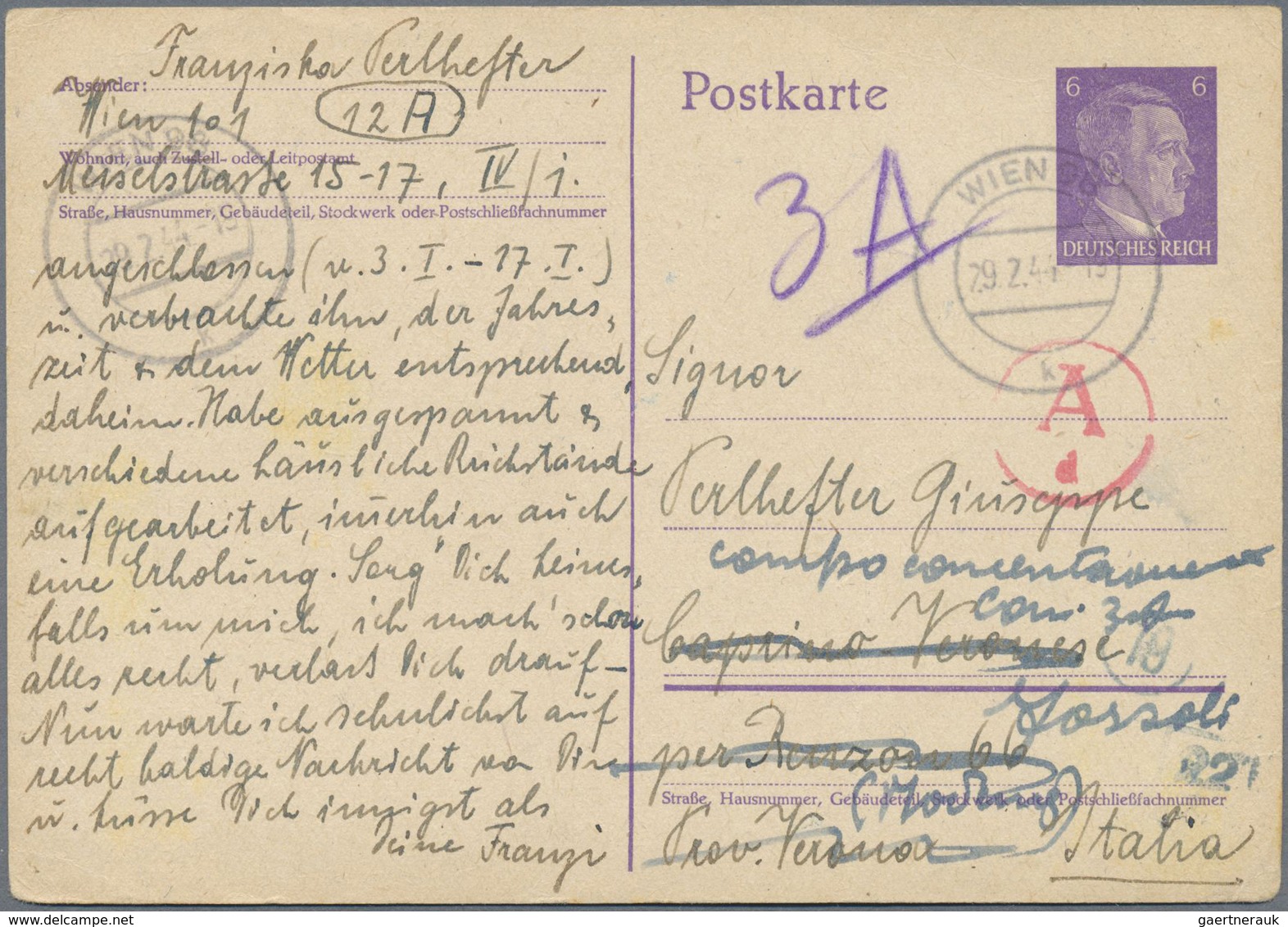 GA KZ-Post: 1944, Zwei GA-Karten (6 Pfg. Bzw. 5 Pfg. Mit 1 Pfg. Zusatzfrankatur Aus Wien (29.2./7.3.) M - Lettres & Documents