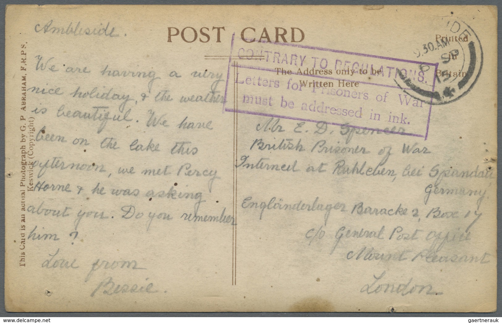 Br Lagerpost: Ruhleben: Incoming Mail: 1915, Unfrankierter Fotokarte Aus "AMBLESIDE 6.SP" In Das Lager - Altri & Non Classificati