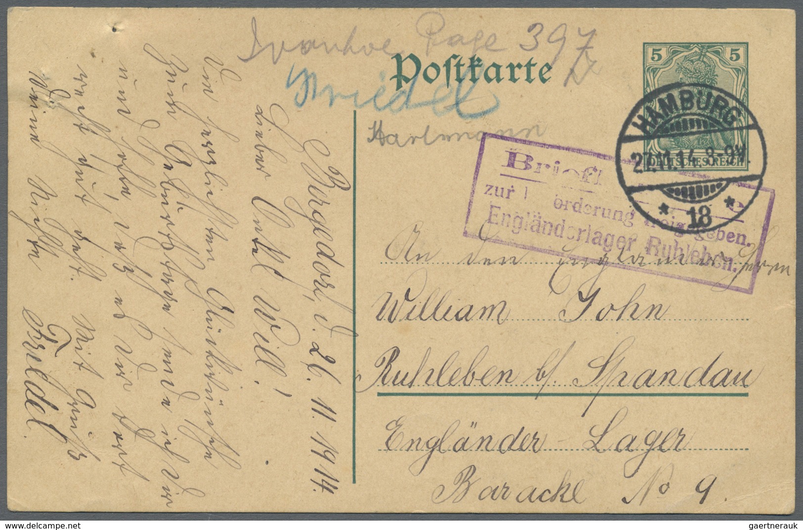 GA Lagerpost: Ruhleben: Incoming Mail: 1914, 5 Pfg. Ganzsachenkarte Aus "HAMBURG 27.11.14" In Das Lager - Autres & Non Classés