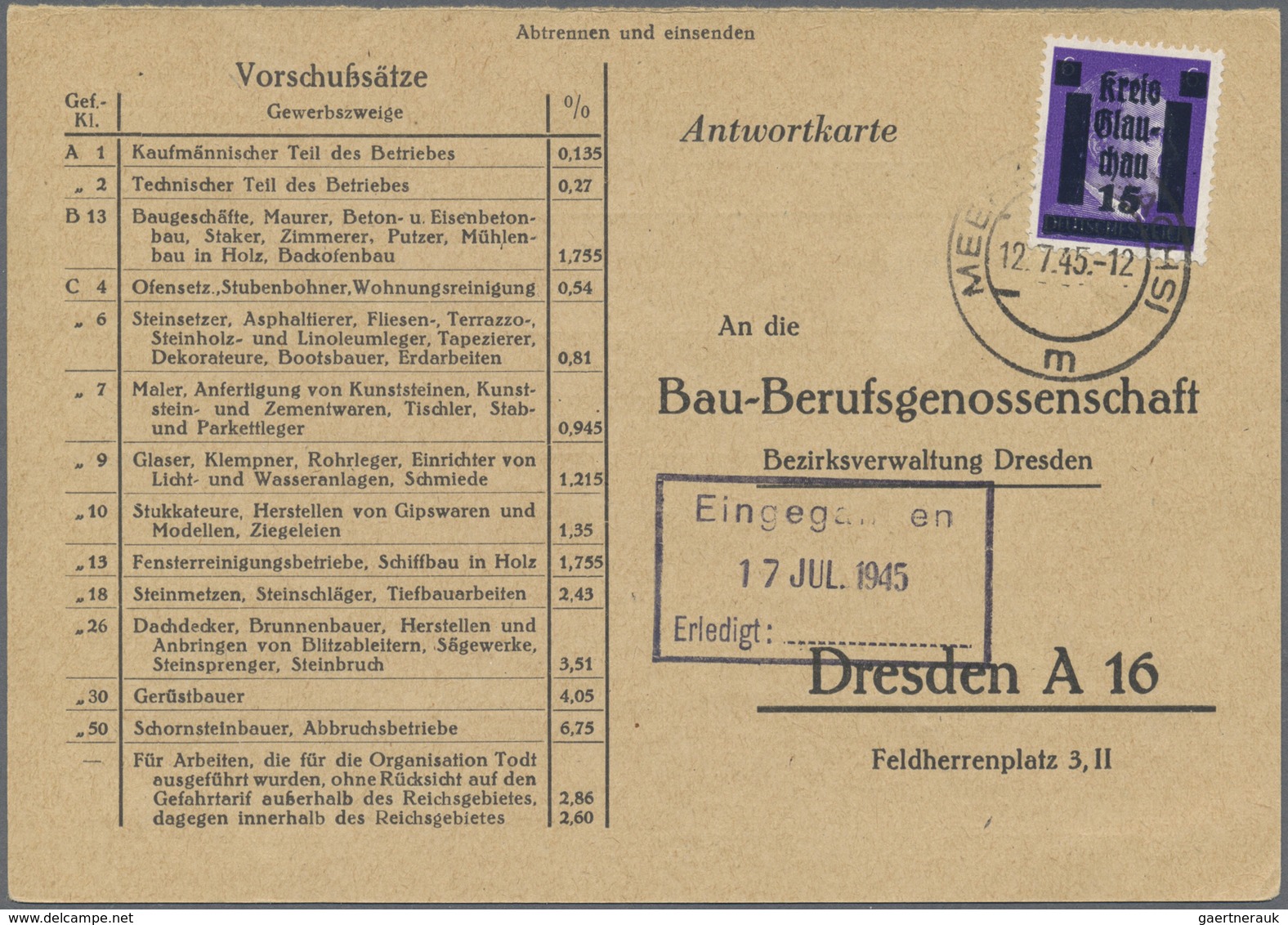 Br Deutsche Lokalausgaben Ab 1945: Bedarfsbrief Aus Glauchau/ Meerane Vom 12.7.45 Als Antwortkarte Nach - Sonstige & Ohne Zuordnung