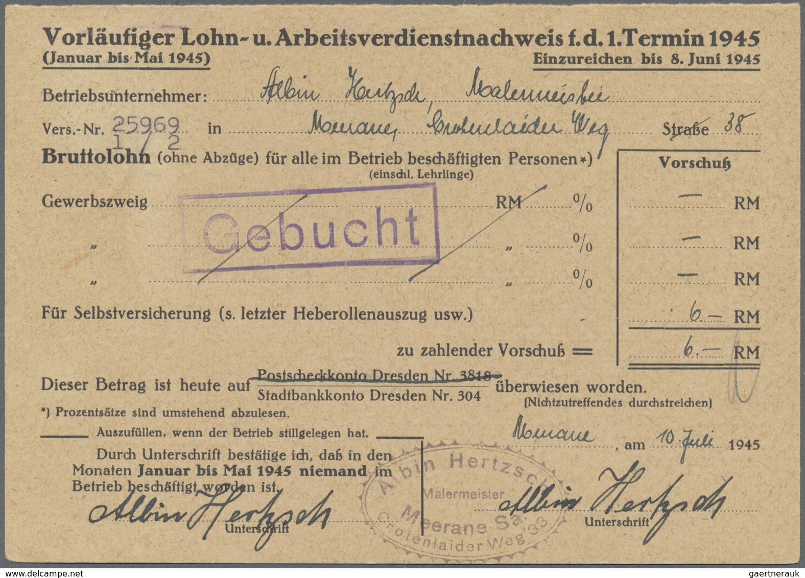 Br Deutsche Lokalausgaben Ab 1945: Bedarfsbrief Aus Glauchau/ Meerane Vom 12.7.45 Als Antwortkarte Nach - Autres & Non Classés