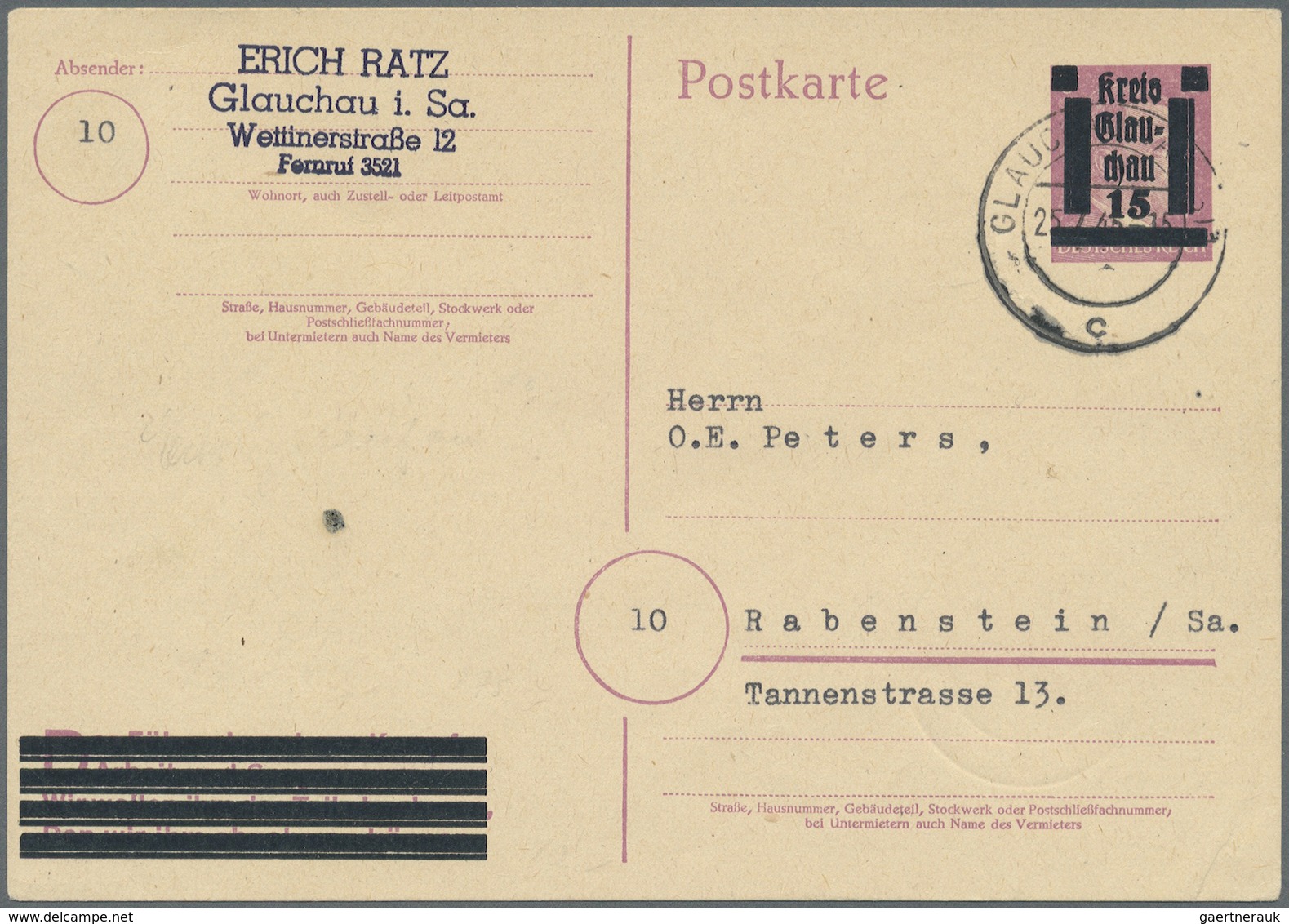 GA Deutsche Lokalausgaben Ab 1945: GLAUCHAU: 15 Auf 6  Pfg. Hitler Ganzsachenkarte Aus "GLAUCHAU 25.7.4 - Autres & Non Classés