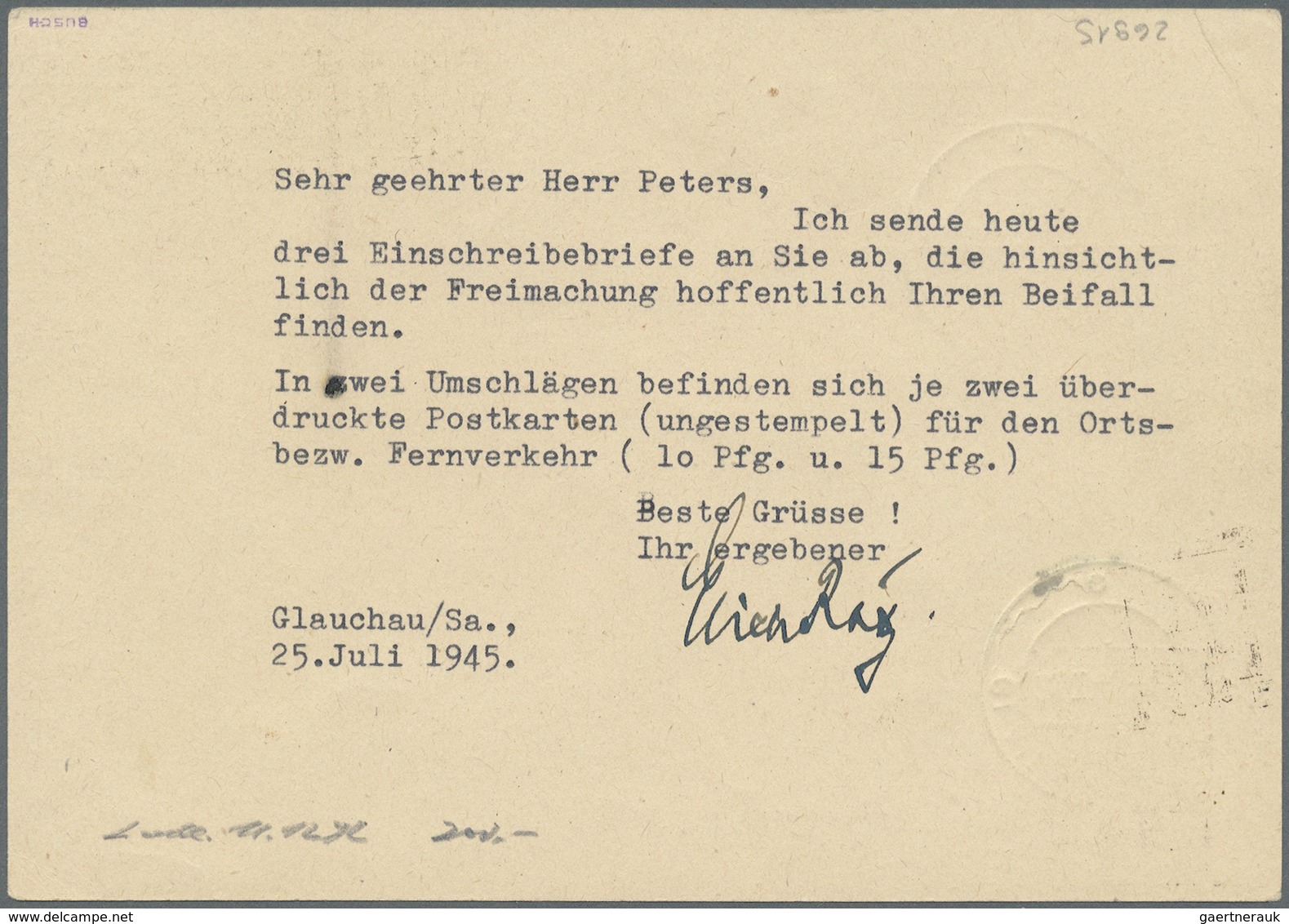 GA Deutsche Lokalausgaben Ab 1945: GLAUCHAU: 15 Auf 6  Pfg. Hitler Ganzsachenkarte Aus "GLAUCHAU 25.7.4 - Sonstige & Ohne Zuordnung