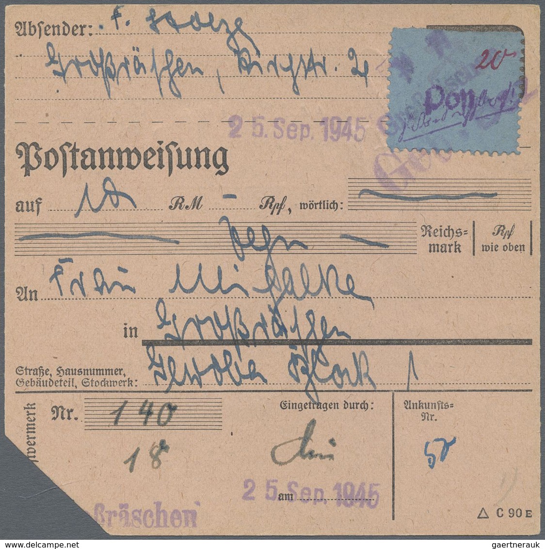 Br Deutsche Lokalausgaben Ab 1945: 1945, GROSSRÄSCHEN, 20 Pfg. Freimarke September 1945 Als EF Auf Port - Sonstige & Ohne Zuordnung