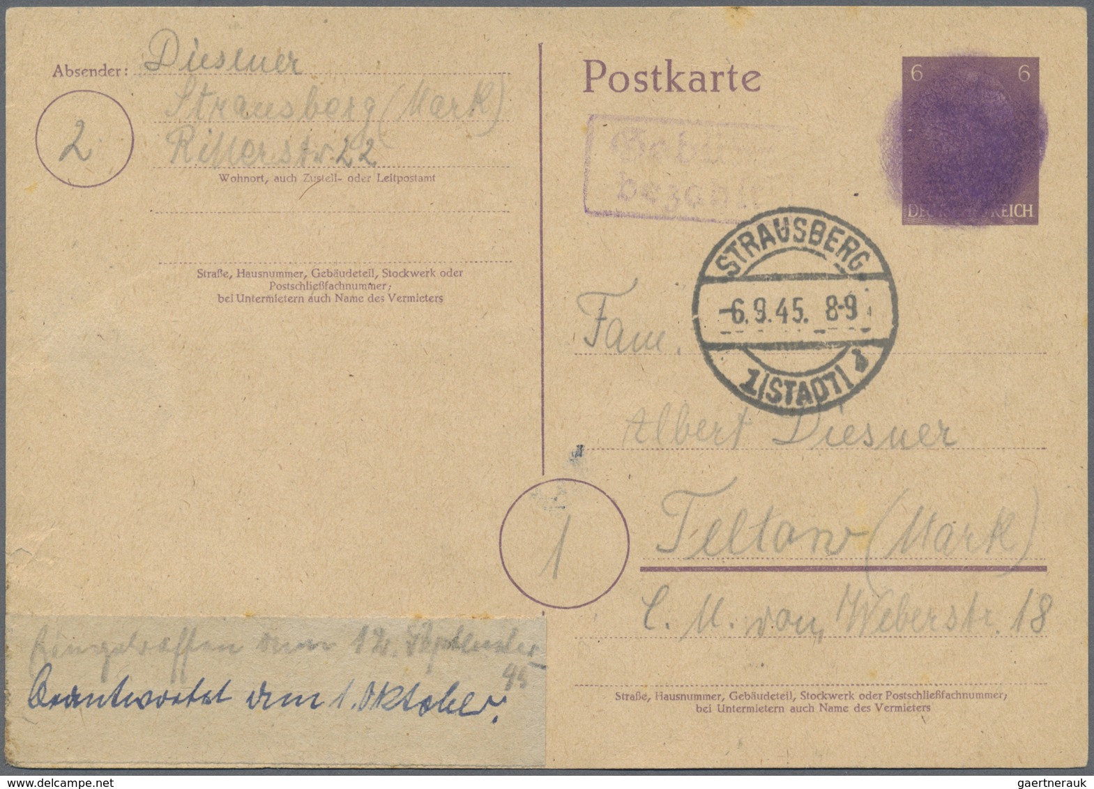 GA Deutsche Lokalausgaben Ab 1945 - Ganzsachen: Strausberg Notausgabe 6 Pf  ( P 314 II ) Vom 6.9.45. Be - Sonstige & Ohne Zuordnung