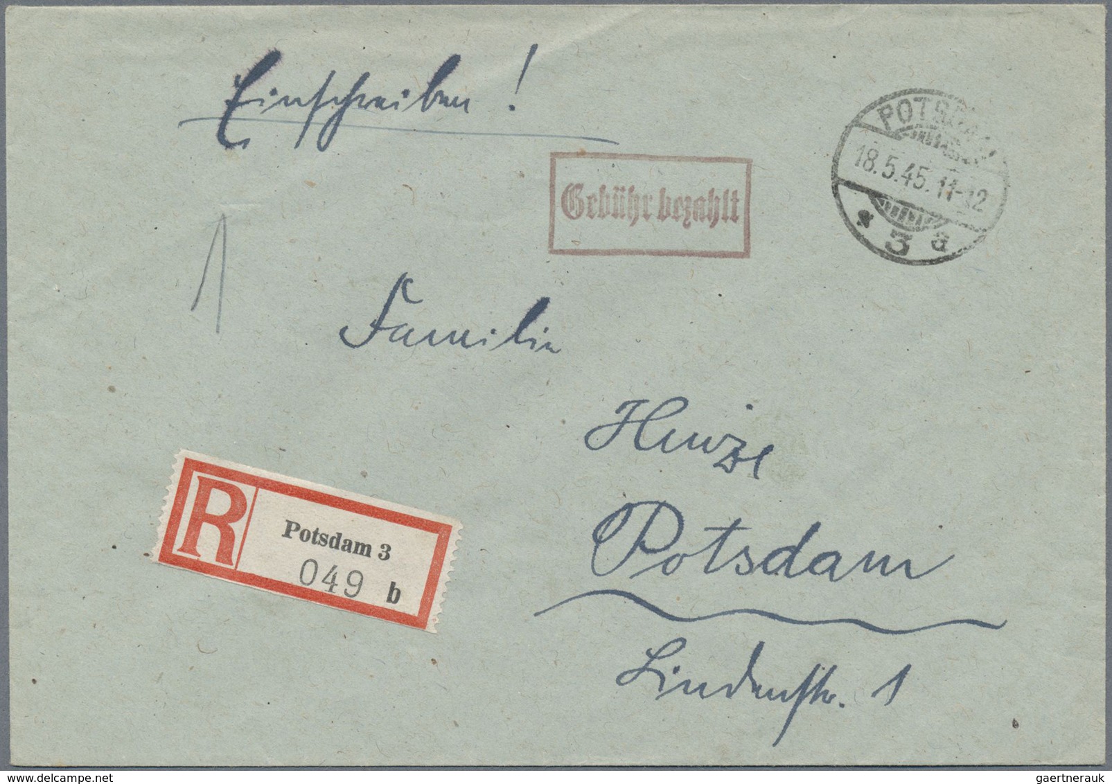 Br Alliierte Besetzung - Gebühr Bezahlt: Sowjetische Zone: 1945, R-Orts-Brief Mit "Gebühr Bezahlt", Seh - Altri & Non Classificati