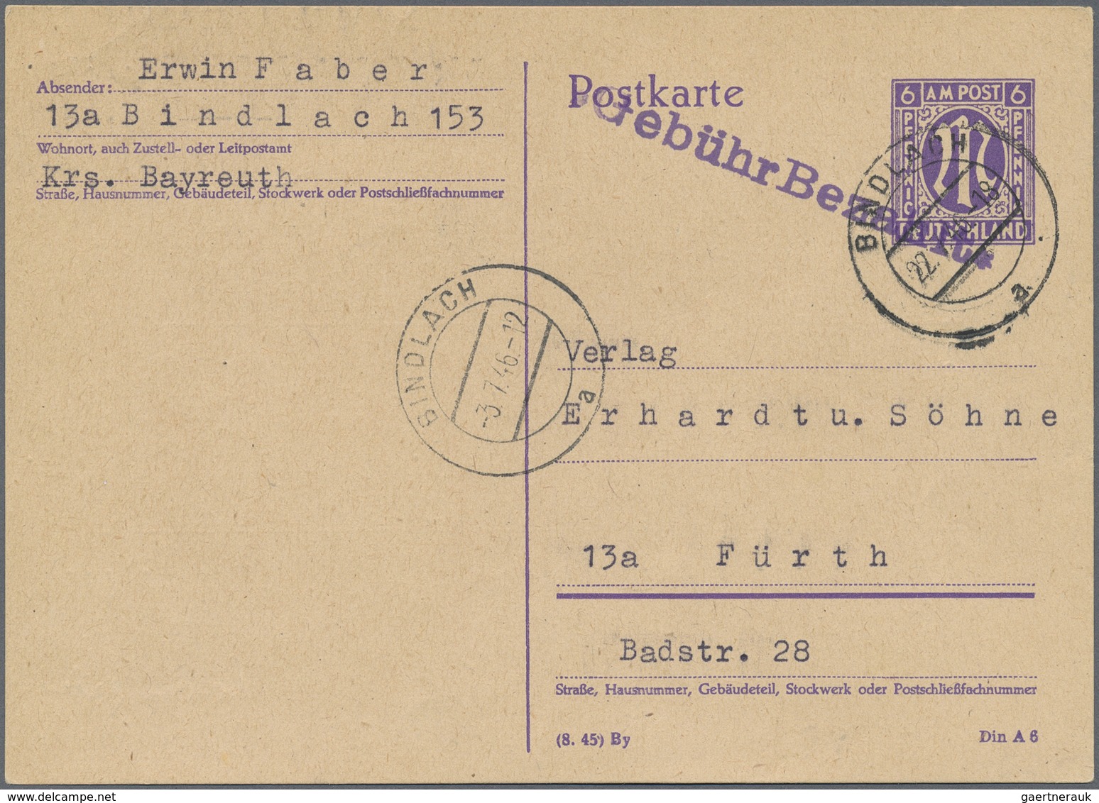 GA Alliierte Besetzung - Notausgaben: Amerikanische Zone: 1946, BINDLACH, 6 Pf Violett AM-Post Ganzsach - Sonstige & Ohne Zuordnung