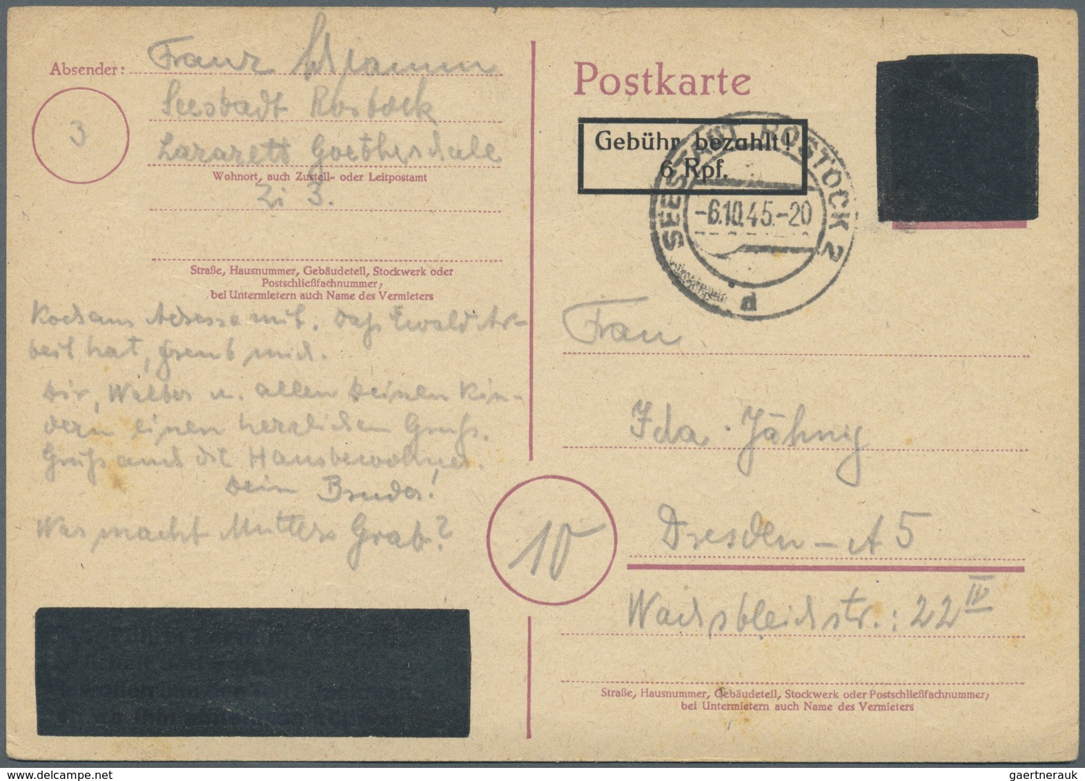 GA Alliierte Besetzung - Behelfsausgaben: Sowjetische Zone: 1945, OPD Schwerin: Postkarte 6 Rpf. Auf 6 - Sonstige & Ohne Zuordnung