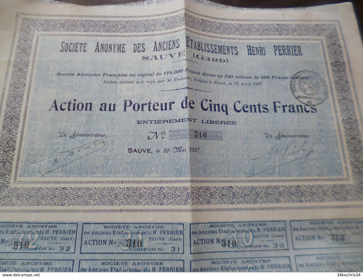 Action 500 Francs Au Porteur Anciens établissements Perrier Henri à Sauve Gard 1922 - Industrie