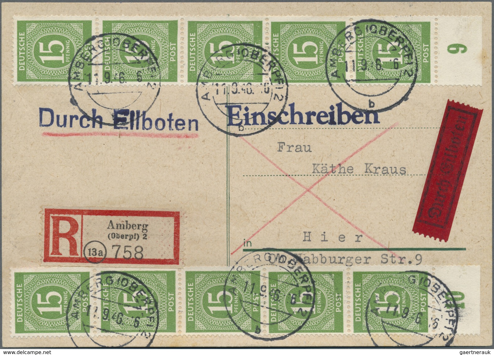 Br Alliierte Besetzung - Gemeinschaftsausgaben: 1946, 15 Pf Grün Ziffer, 10 Stück (zwei Senkrechte 5er- - Autres & Non Classés