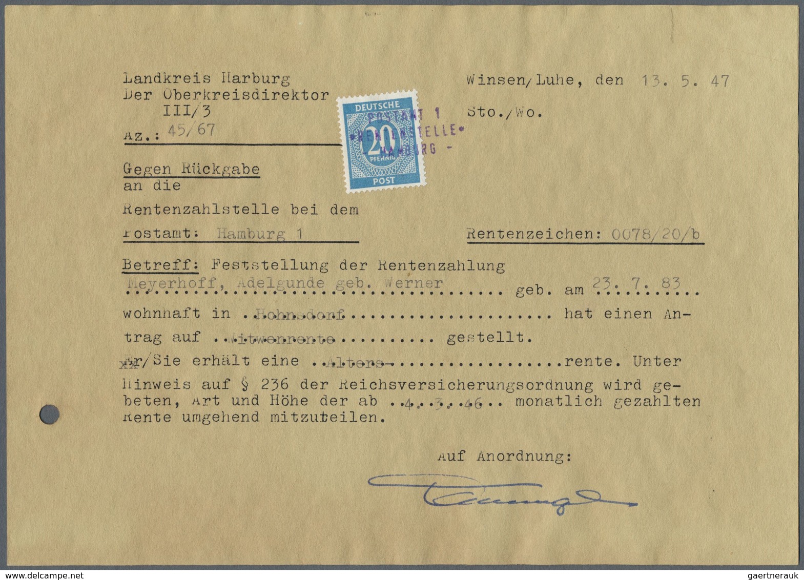 Br Alliierte Besetzung - Gemeinschaftsausgaben: 1947, 20 Pfg. Ziffer Als Einzelfrankatur Auf Rentenausk - Sonstige & Ohne Zuordnung