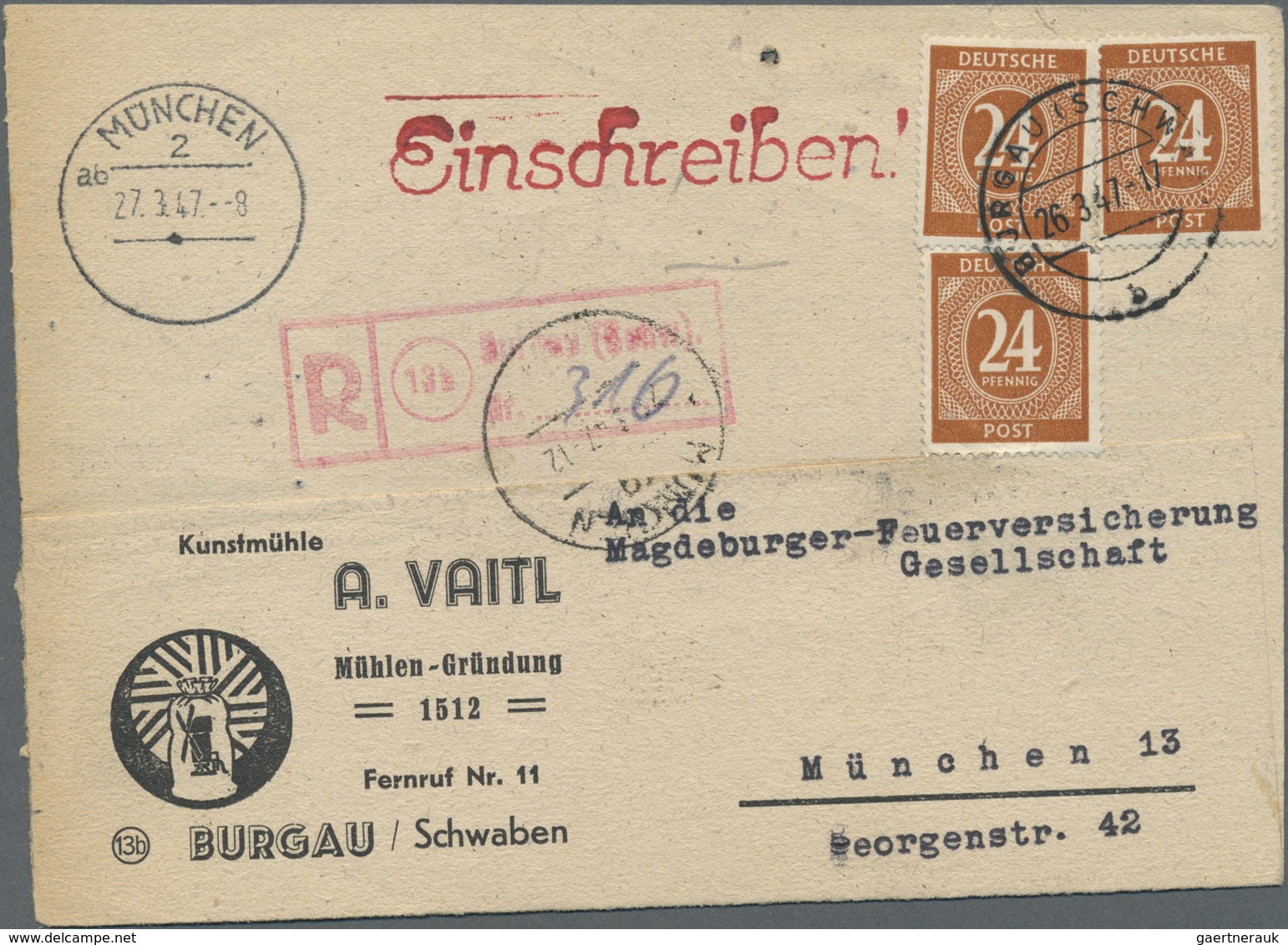 Br Alliierte Besetzung - Gemeinschaftsausgaben: 1946, 3 X 24 Pf Ziffer Als MeF Auf Einschreibepostkarte - Sonstige & Ohne Zuordnung