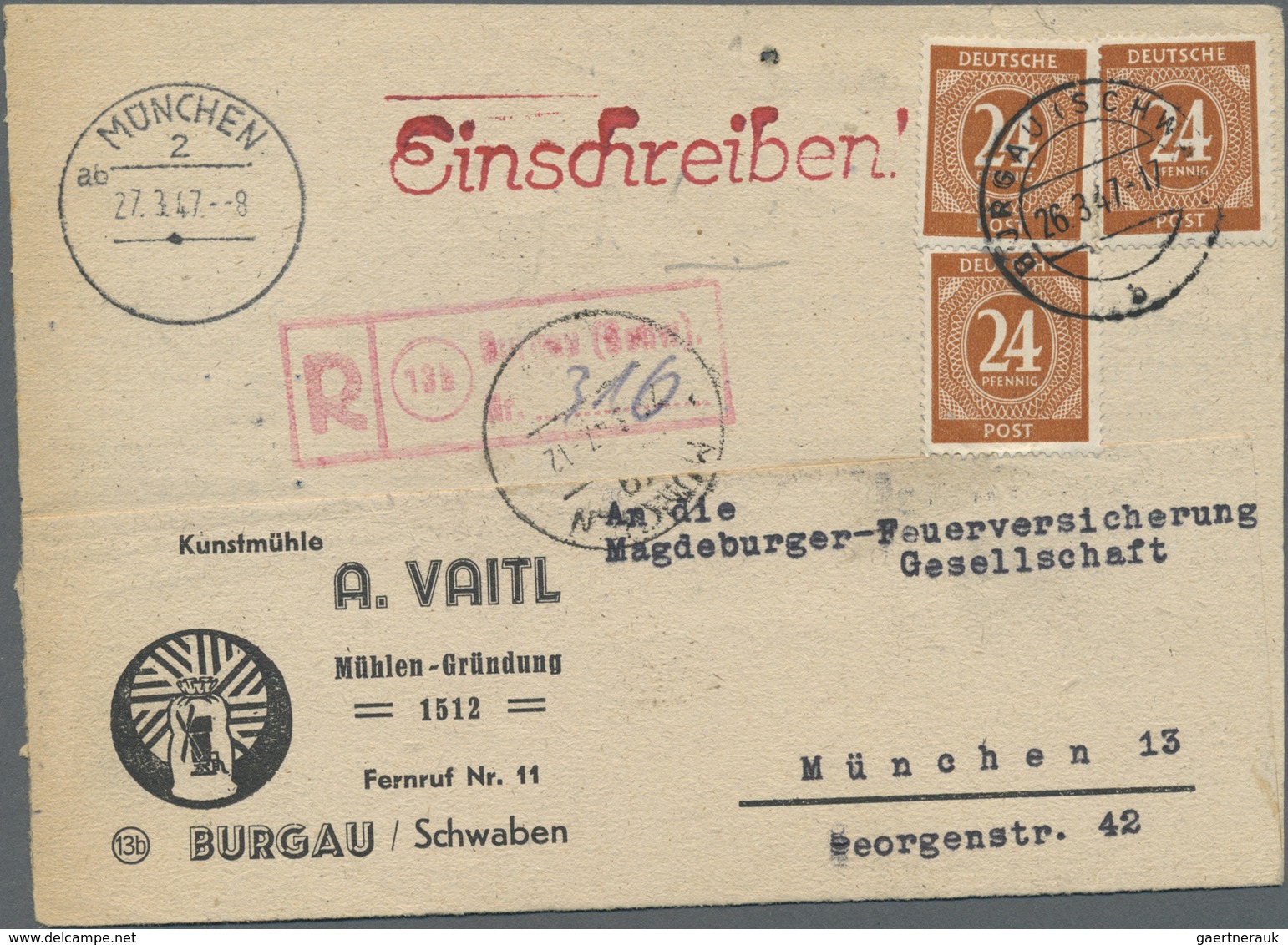 Br Alliierte Besetzung - Gemeinschaftsausgaben: 1946, 3 X 24 Pf Ziffer Als MeF Auf Einschreibepostkarte - Autres & Non Classés