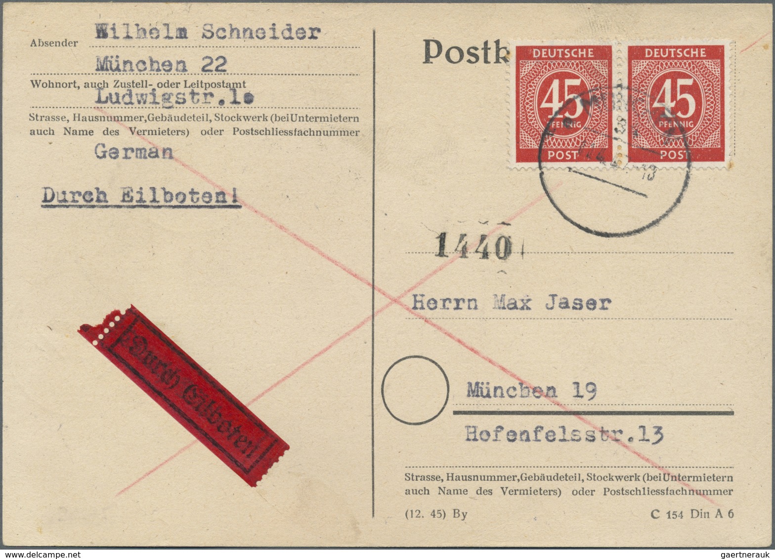 Br Alliierte Besetzung - Gemeinschaftsausgaben: 1946, 45 Pf Rot Ziffer, Waager. Paar Als Portogerechte - Altri & Non Classificati