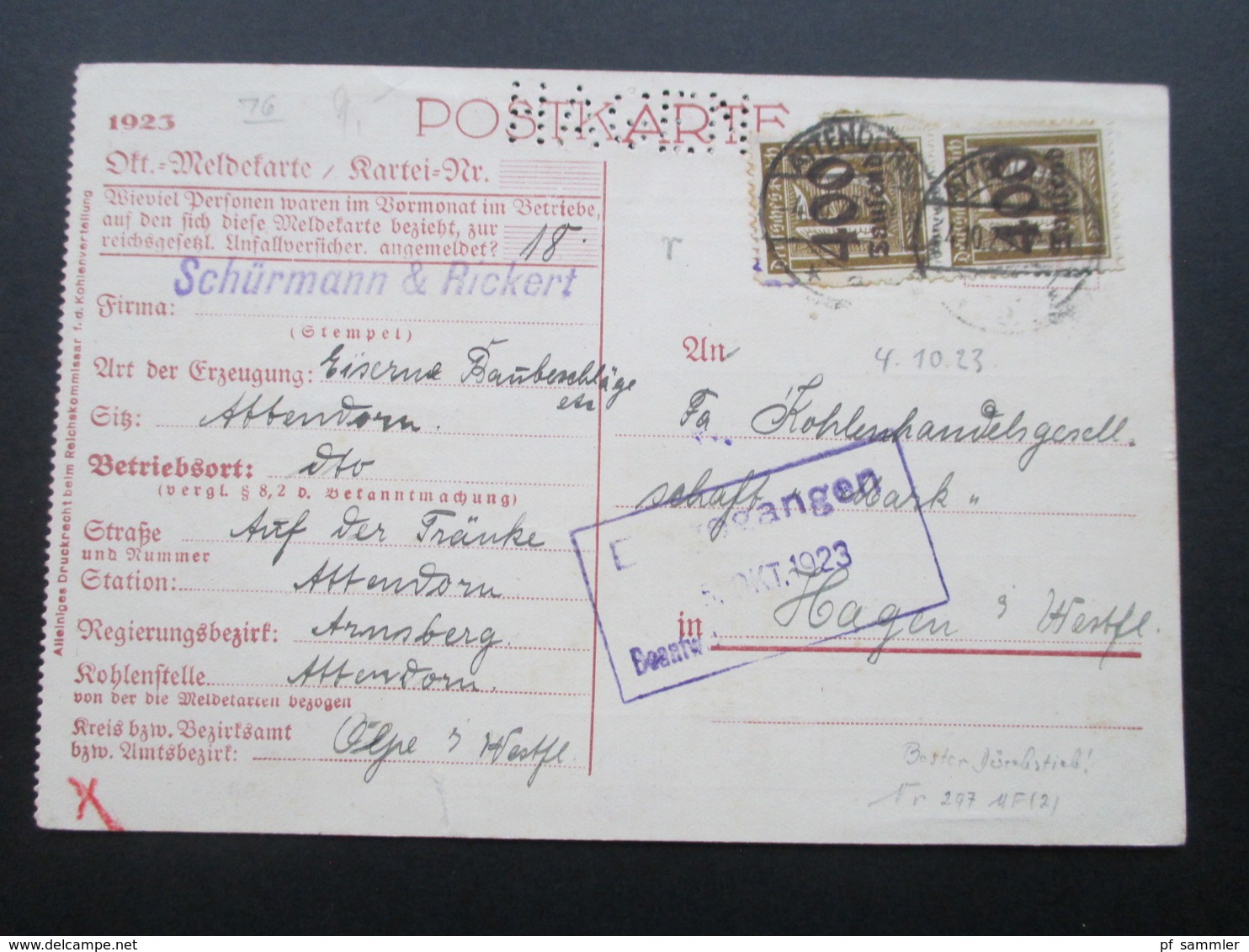 DR Infla 1923 Nr. 297 MeF Senkr. Paar! Post Meldekarte Mit Lochung Hagen! Schürmann & Rickert Attendorn - Briefe U. Dokumente