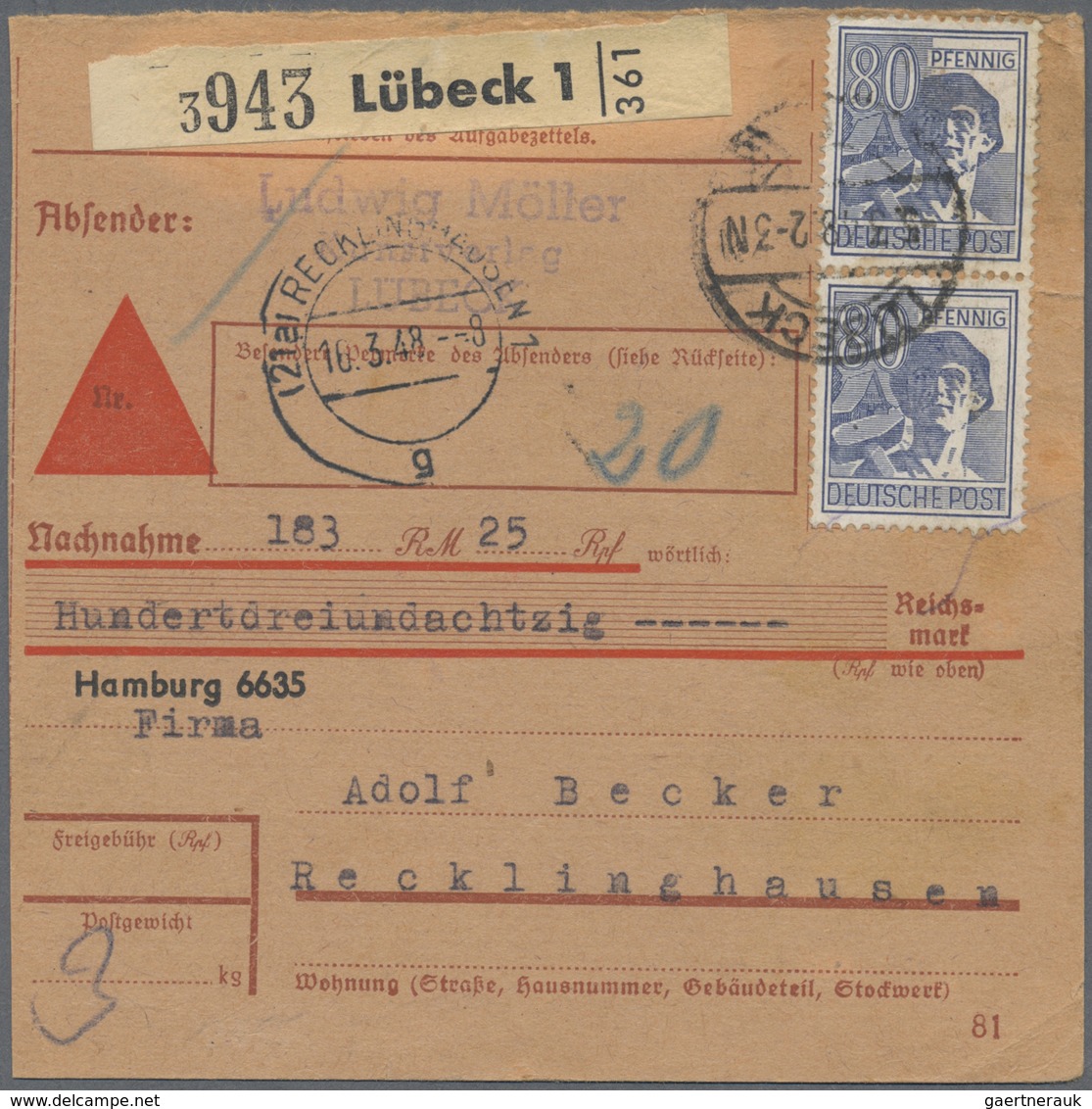 Alliierte Besetzung - Gemeinschaftsausgaben: 1947, 80 Pf Arbeiter, Partie Mit 3 Paketkarten: Dabei 5 - Autres & Non Classés