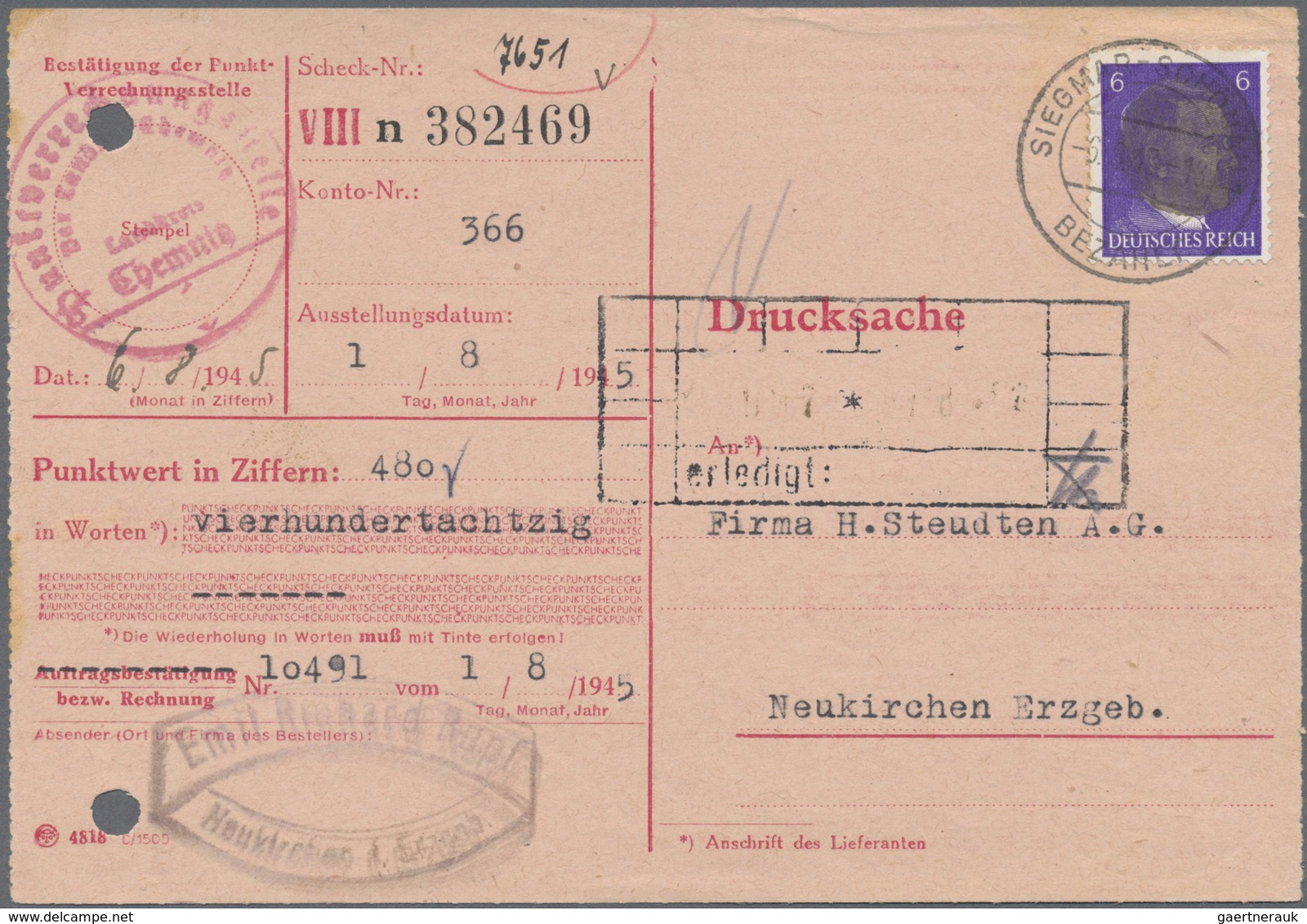 Br Sowjetische Zone - Sächsische Schwärzungen: Punktverrechnungskarte Aus Siegmar Schönau Vom 6.8.45. B - Sonstige & Ohne Zuordnung