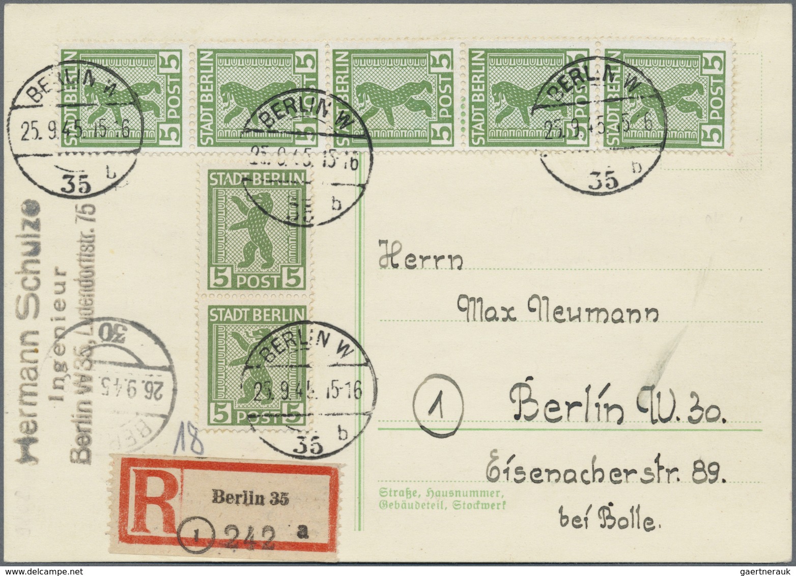 Br Sowjetische Zone - Berlin Und Brandenburg: 1945, 5 Pf Schwärzlichgelbgrün, Gezähnt, 7 Stück Als Port - Autres & Non Classés