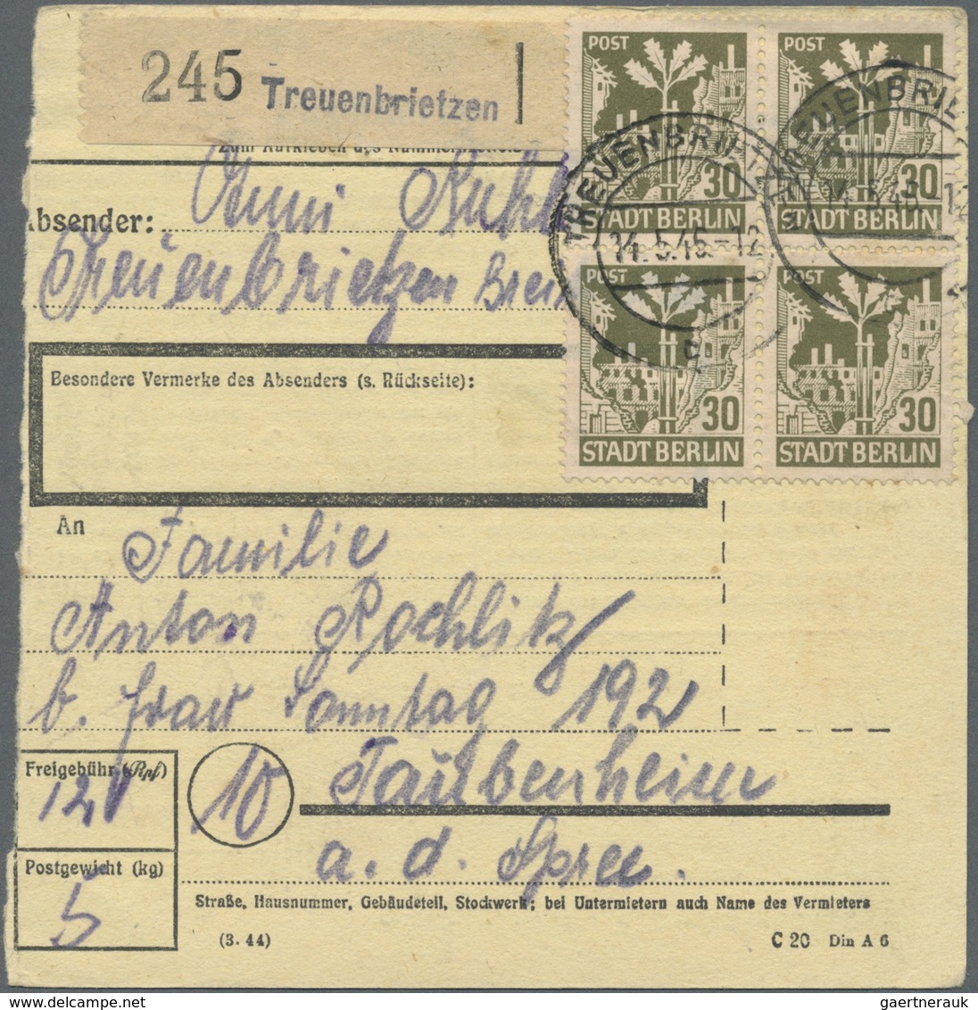 Br Sowjetische Zone - Berlin Und Brandenburg: 1945, 30 Pf Bräunlicholiv, 3 Paketkarten Mit MeF Von Je 4 - Altri & Non Classificati