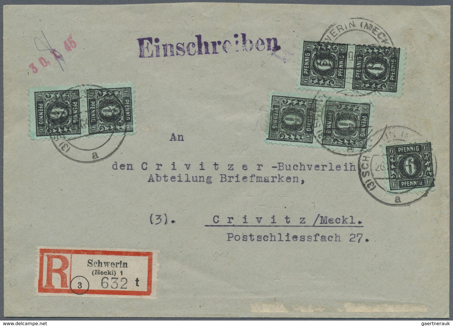 Br Sowjetische Zone - Mecklenburg-Vorpommern: 1945, 6 Pf Schwarz Auf Maigrün, 7 Stück Als Portogerechte - Altri & Non Classificati