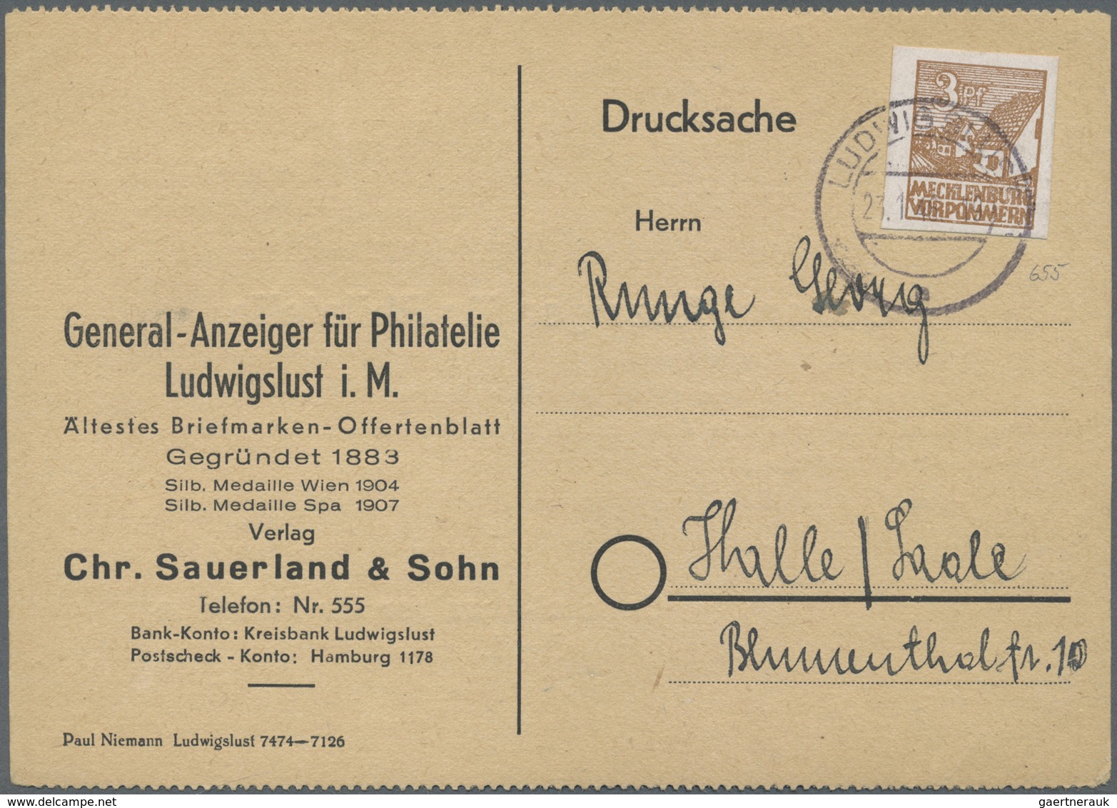 Br Sowjetische Zone - Mecklenburg-Vorpommern: 1945, Drucksachenkarte Ab LUDWIGSLUST 23.1.46 Mit Einzelf - Sonstige & Ohne Zuordnung