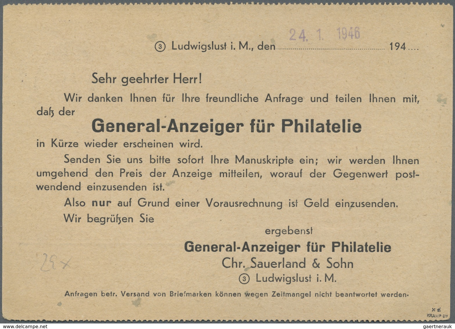 Br Sowjetische Zone - Mecklenburg-Vorpommern: 1945, Drucksachenkarte Ab LUDWIGSLUST 23.1.46 Mit Einzelf - Altri & Non Classificati