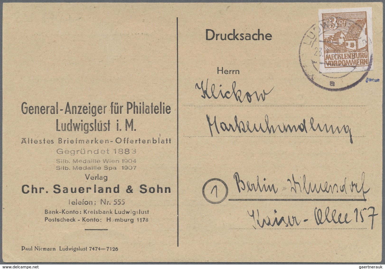 Br Sowjetische Zone - Mecklenburg-Vorpommern: 1946, 3 Pf Lebhaftorangebraun, EF Auf Drucksachenkarte Vo - Sonstige & Ohne Zuordnung