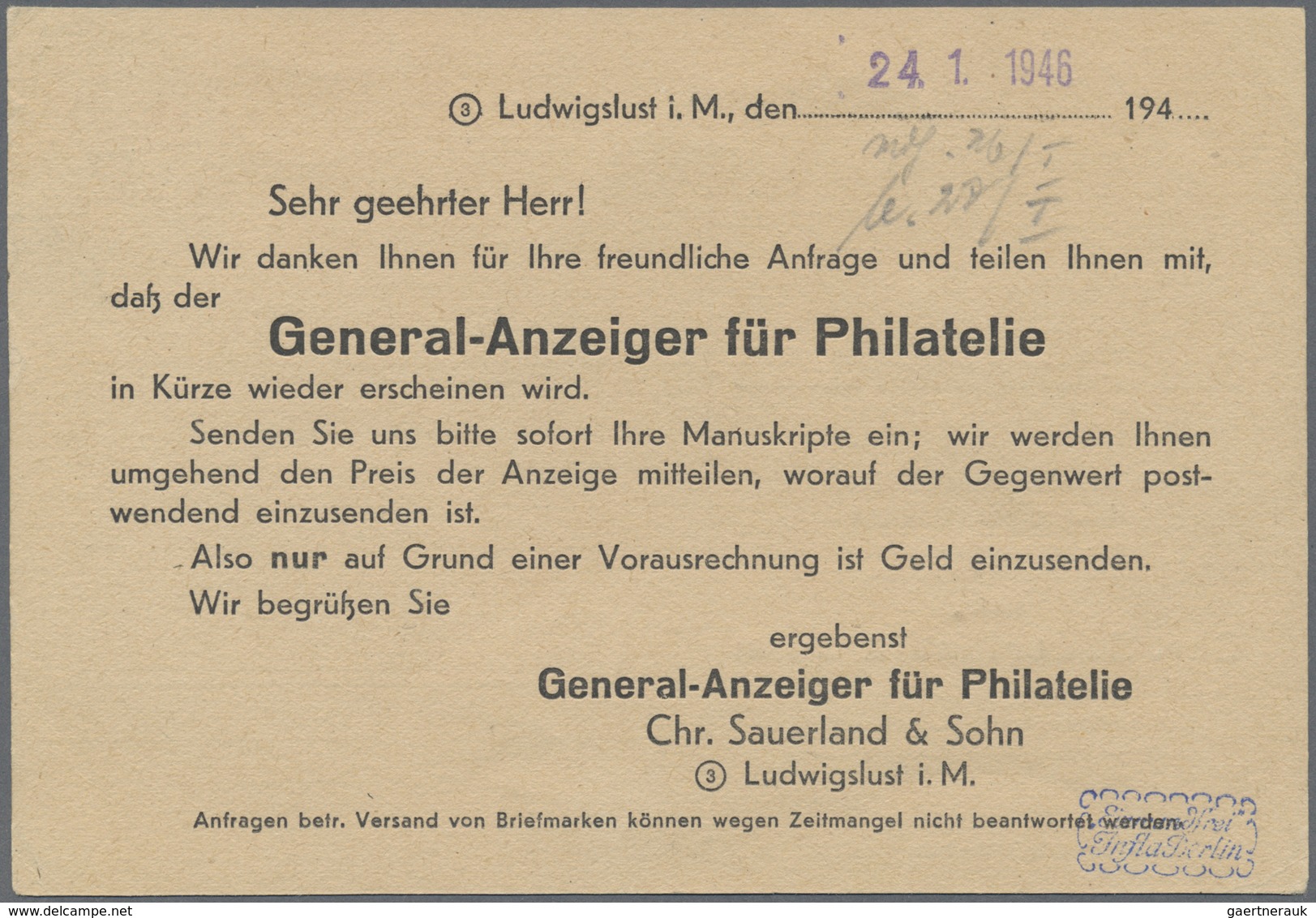 Br Sowjetische Zone - Mecklenburg-Vorpommern: 1946, 3 Pf Lebhaftorangebraun, EF Auf Drucksachenkarte Vo - Altri & Non Classificati