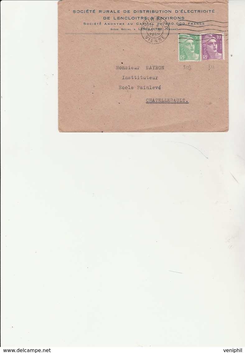 LETTRE AFFRANCHIE TYPE GANDON N° 809 ET 811  CAD POITIERS RP - VIENNE 1949 - Mechanical Postmarks (Other)